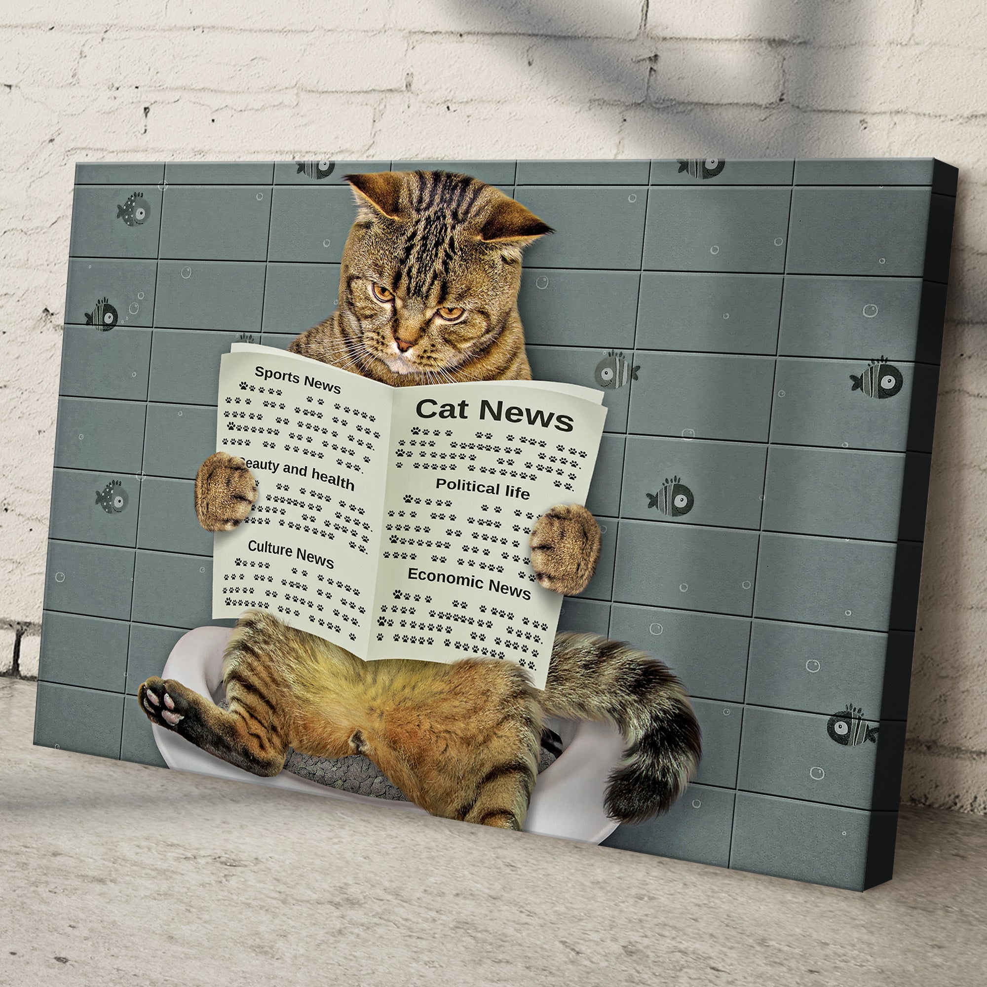 Cat Toilet Reading Newspaper Canvas Wall Art on sale at MyriadMart