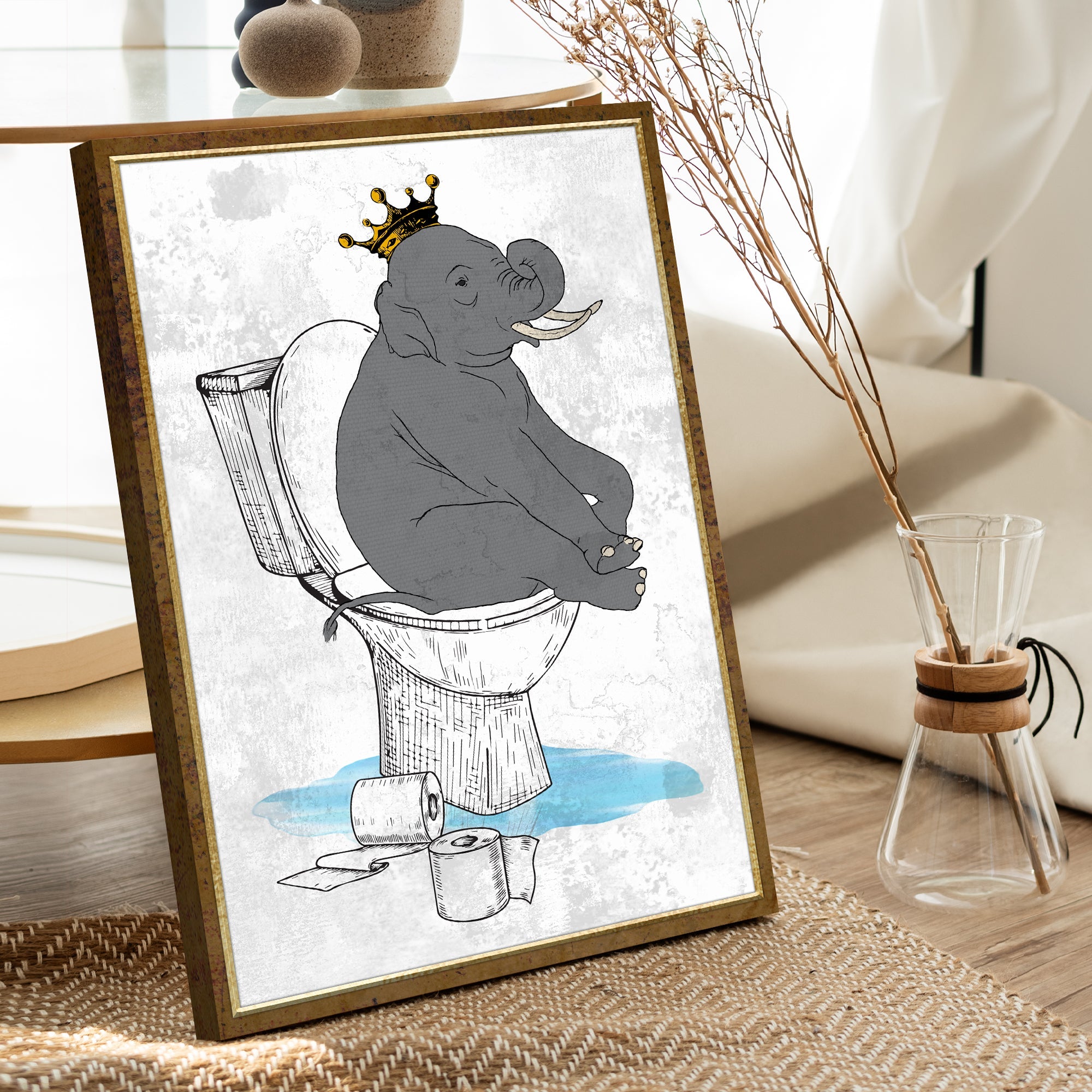King Elephant On Toilet Canvas Wall Art on sale at MyriadMart