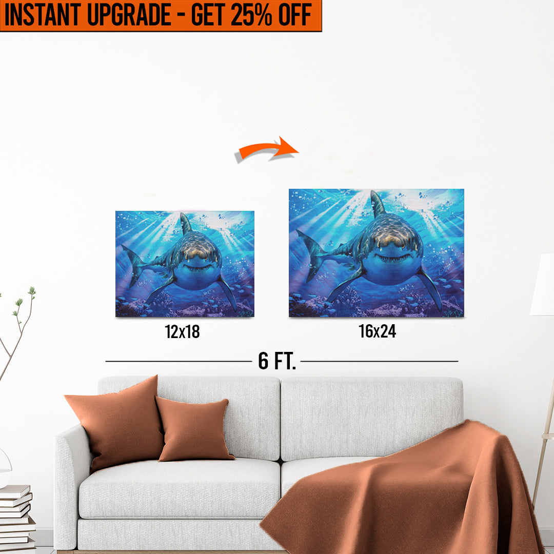 Upgrade Your 12x18 Inches 'Underwater White Shark' Canvas to 16x24 Inches on sale at MyriadMart