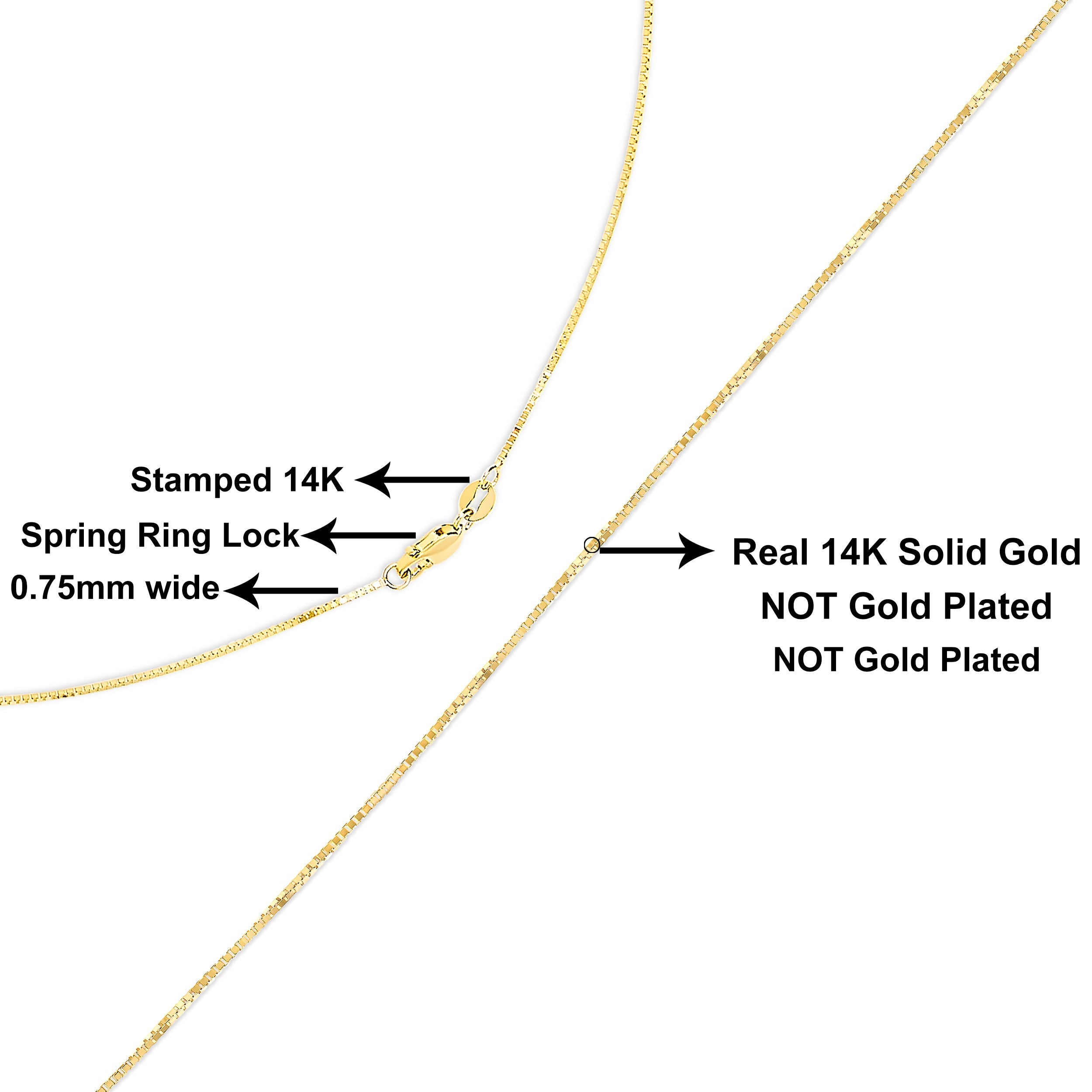 Solid 14K Yellow Gold 0.75mm Classic Box Chain Necklace. Unisex Chain - Size 16 Inches on sale at MyriadMart