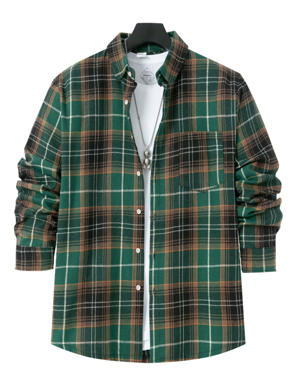 Men's brushed thin plaid long-sleeved casual shirt - MyriadMart