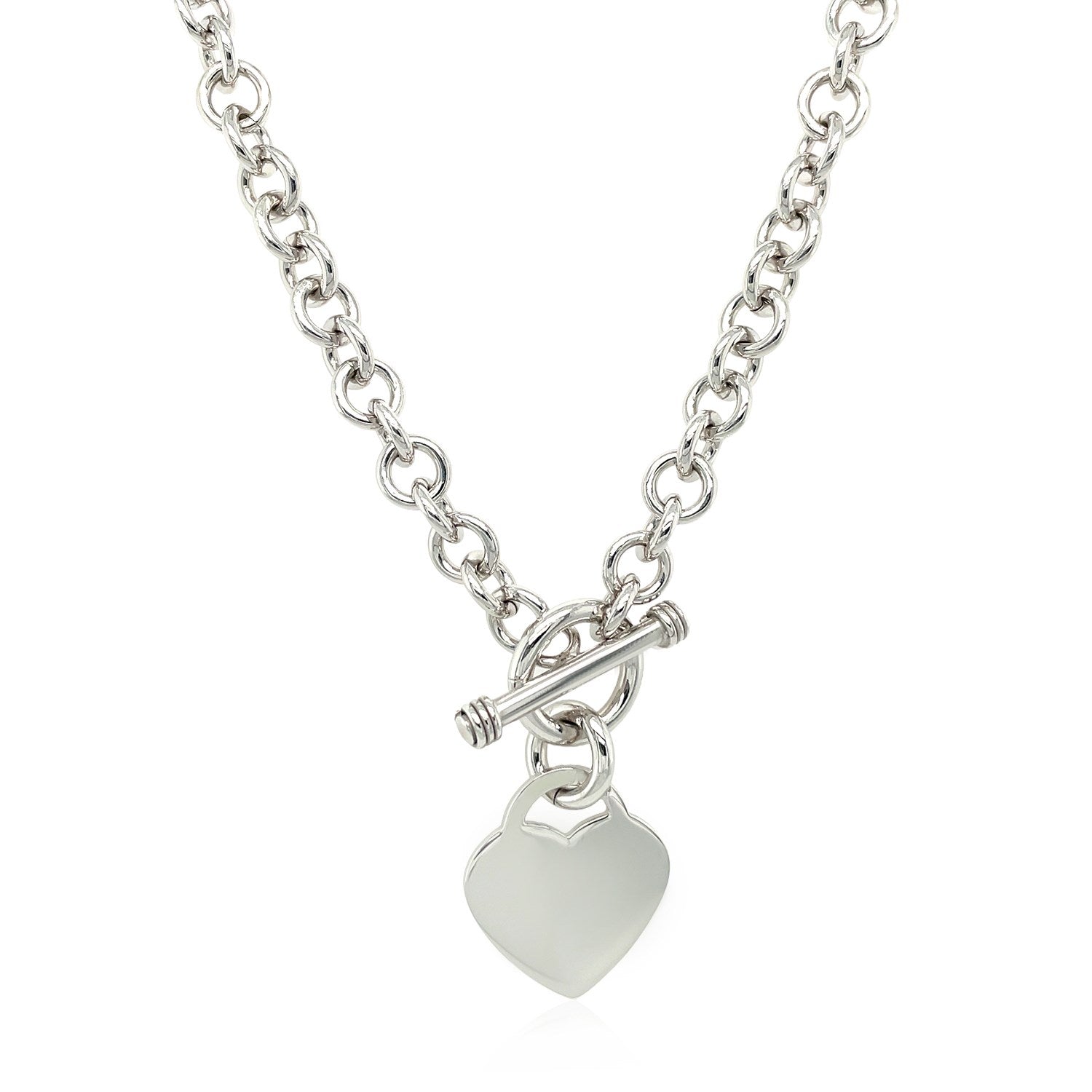 Sterling Silver Rhodium Plated Rolo Chain Necklace with a Heart Toggle Charm on sale at MyriadMart