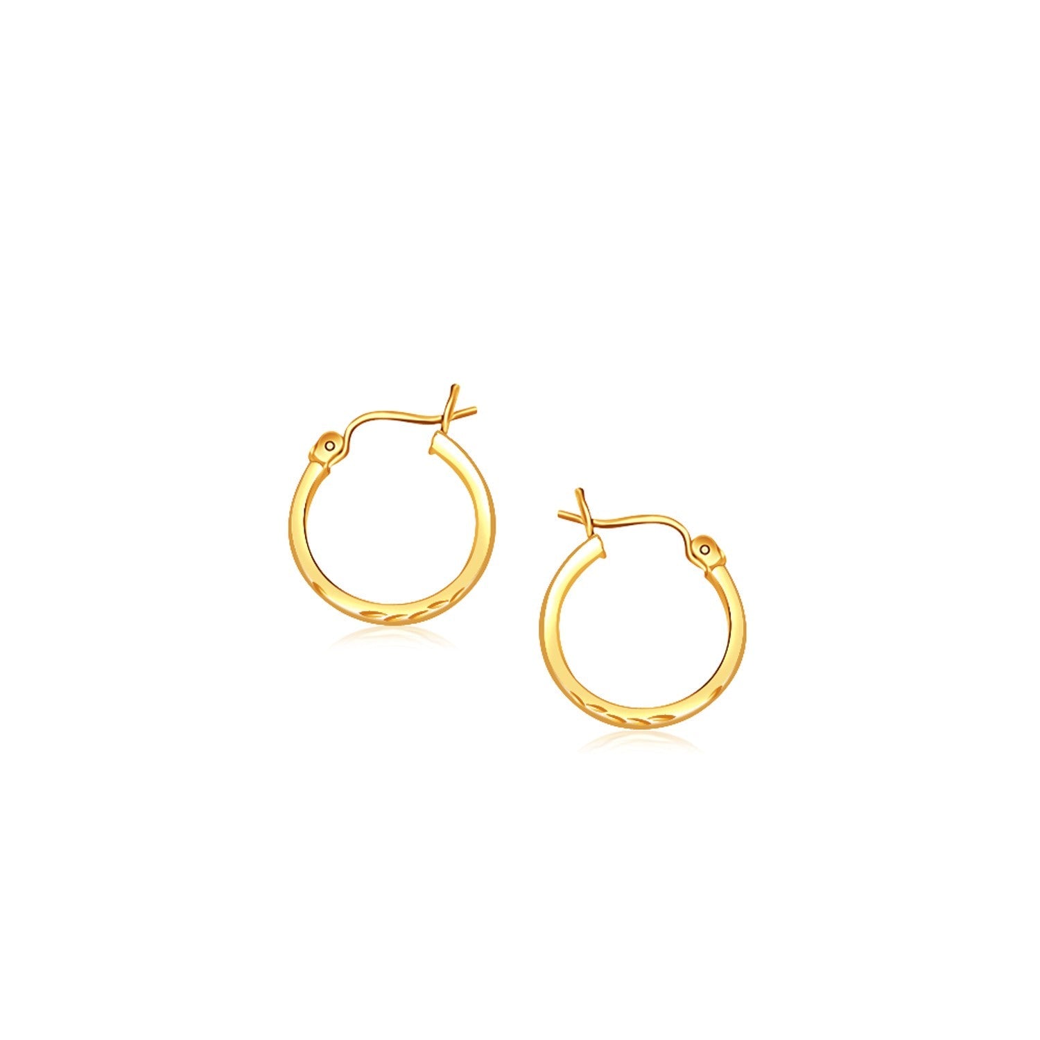 14k Yellow Gold Slender Hoop Earring with Diamond-Cut Finish 15mm Diameter on sale at MyriadMart