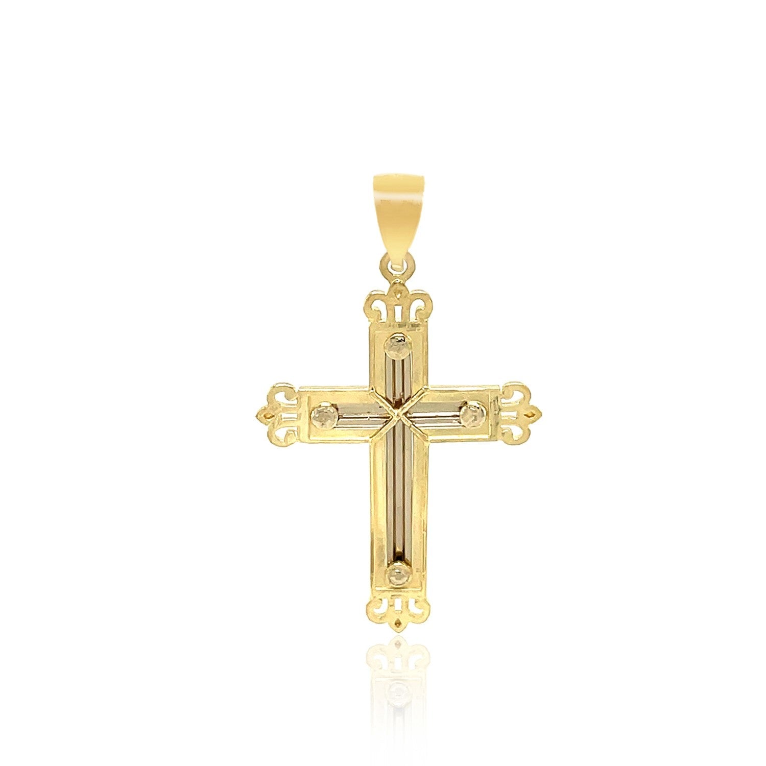 14k Two-Tone Gold Cross Pendant with an Ornate Budded Style on sale at MyriadMart