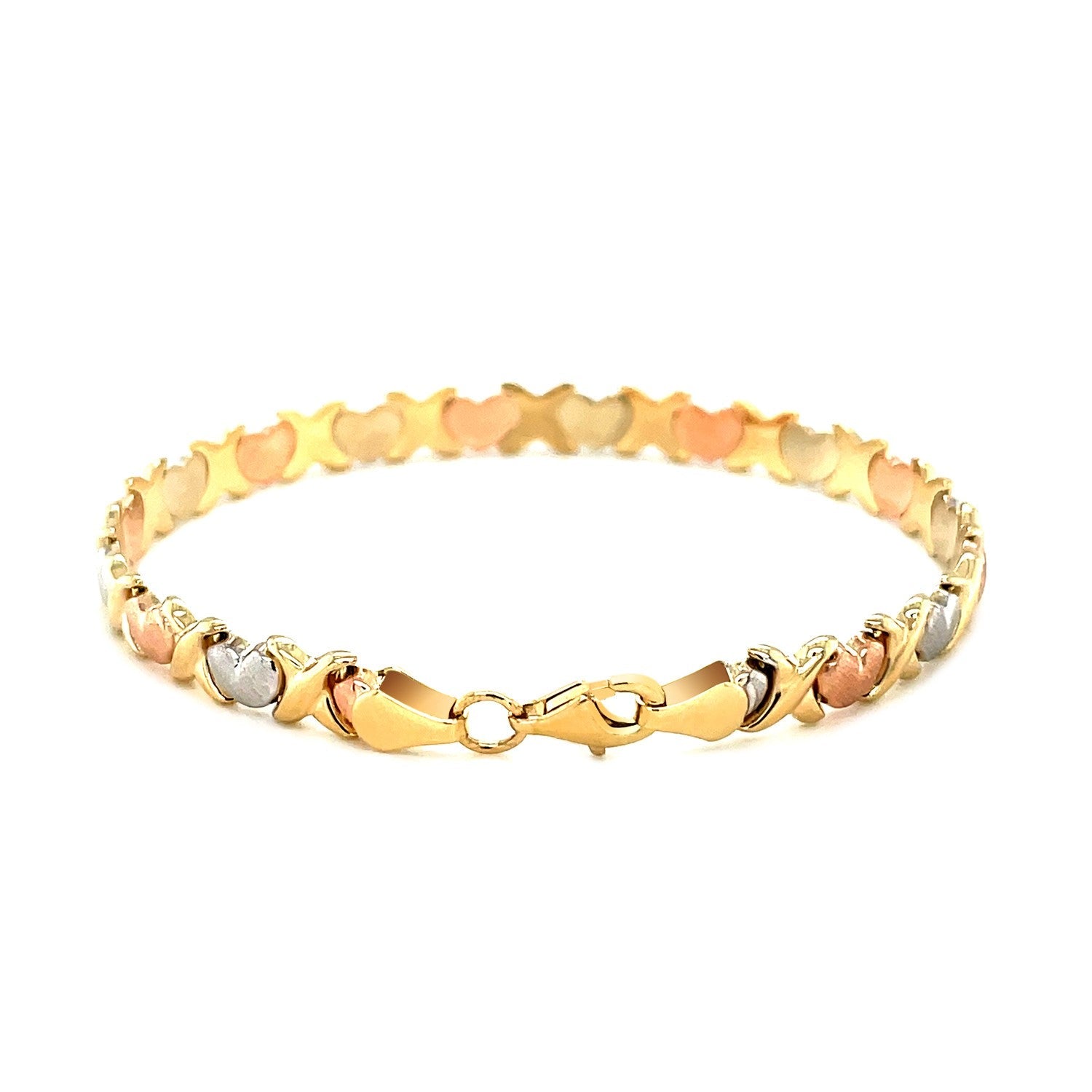 14k Tri-Color Gold Fancy Satin Heart Line Bracelet on sale at MyriadMart
