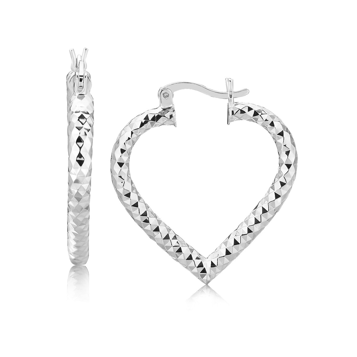 Sterling Silver Rhodium Plated Heart Style Hoop Diamond Cut Earrings on sale at MyriadMart