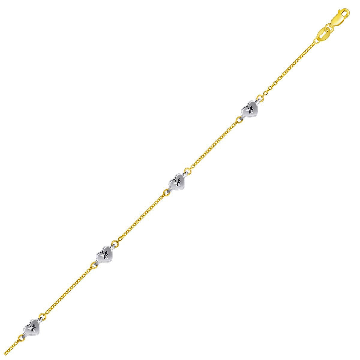 14k Two Tone Gold Anklet with Diamond Cut Heart Style Stations on sale at MyriadMart