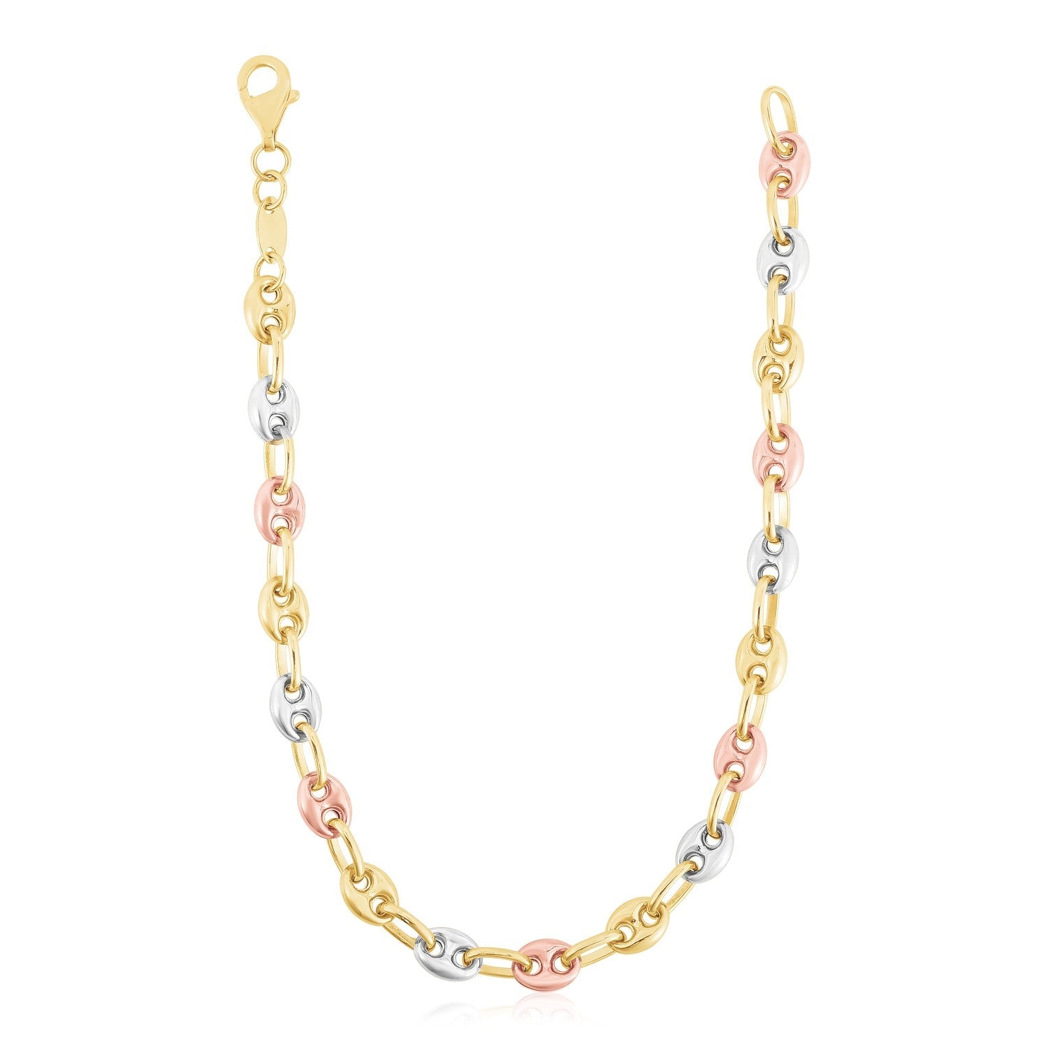 14k Tri Color Gold High Polish Puffed Mariner Link Chain on sale at MyriadMart