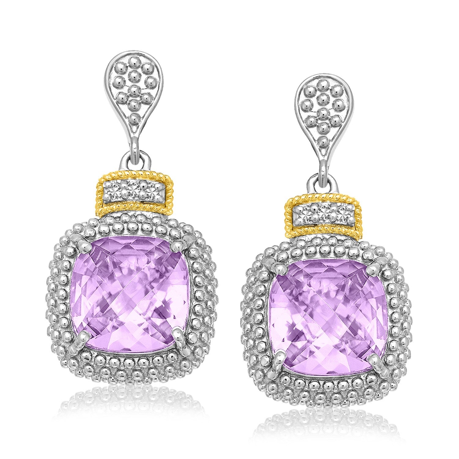 18k Yellow Gold & Sterling Silver Cushion Amethyst & Diamond Earrings .05cttw on sale at MyriadMart