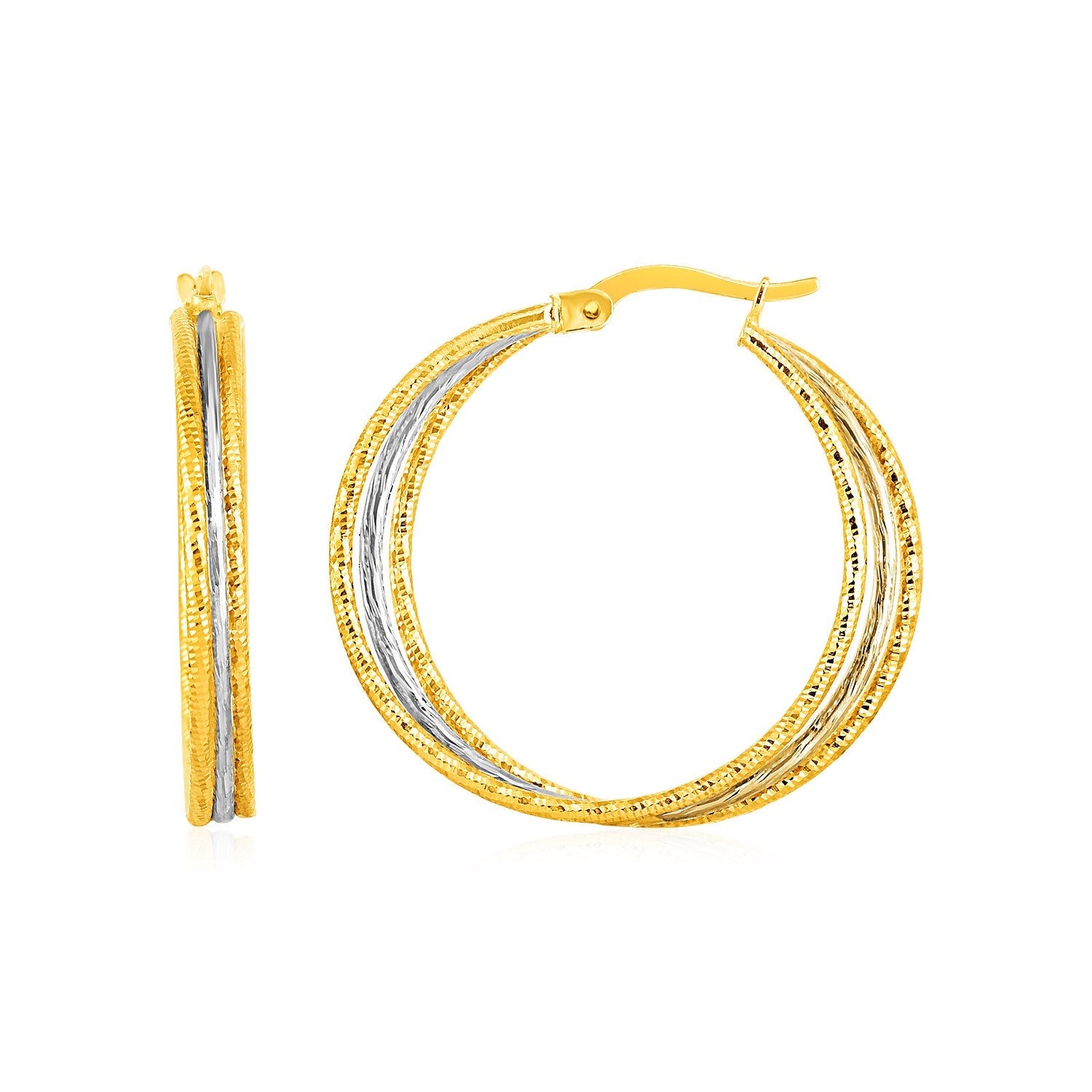 Three Part Textured Hoop Earrings in 14k Yellow and White Gold on sale at MyriadMart