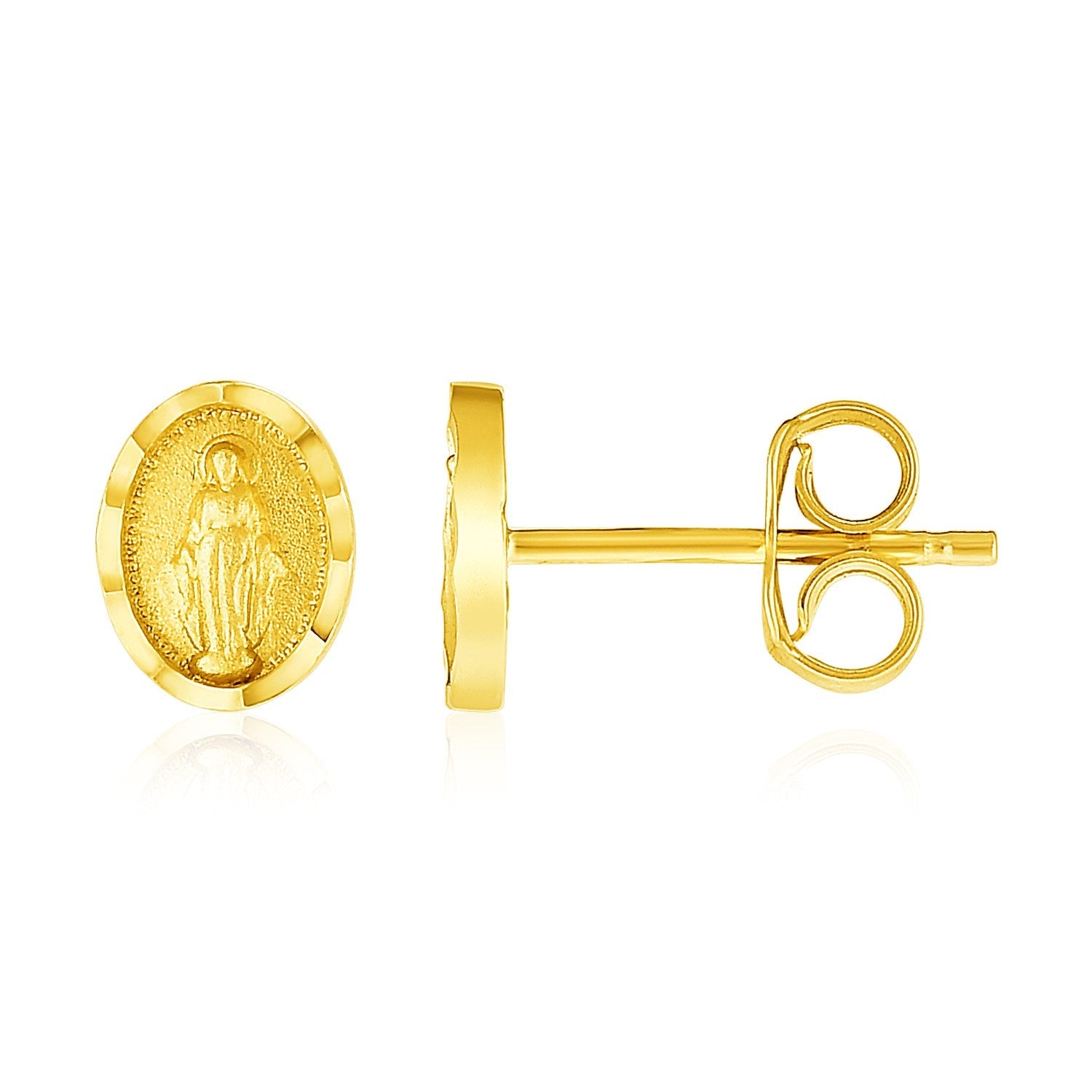 14k Yellow Gold Oval Religious Medallion Post Earrings on sale at MyriadMart