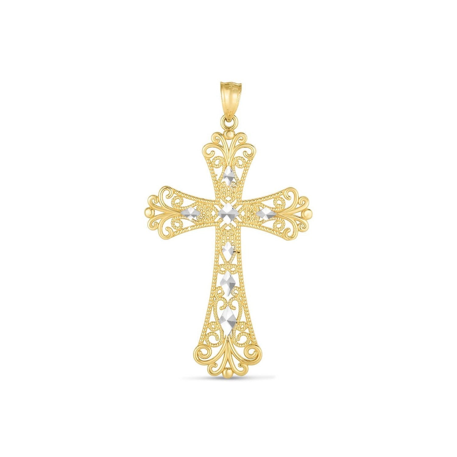 14k Two Tone Gold High Polish Diamond Cut Cross Pendant on sale at MyriadMart