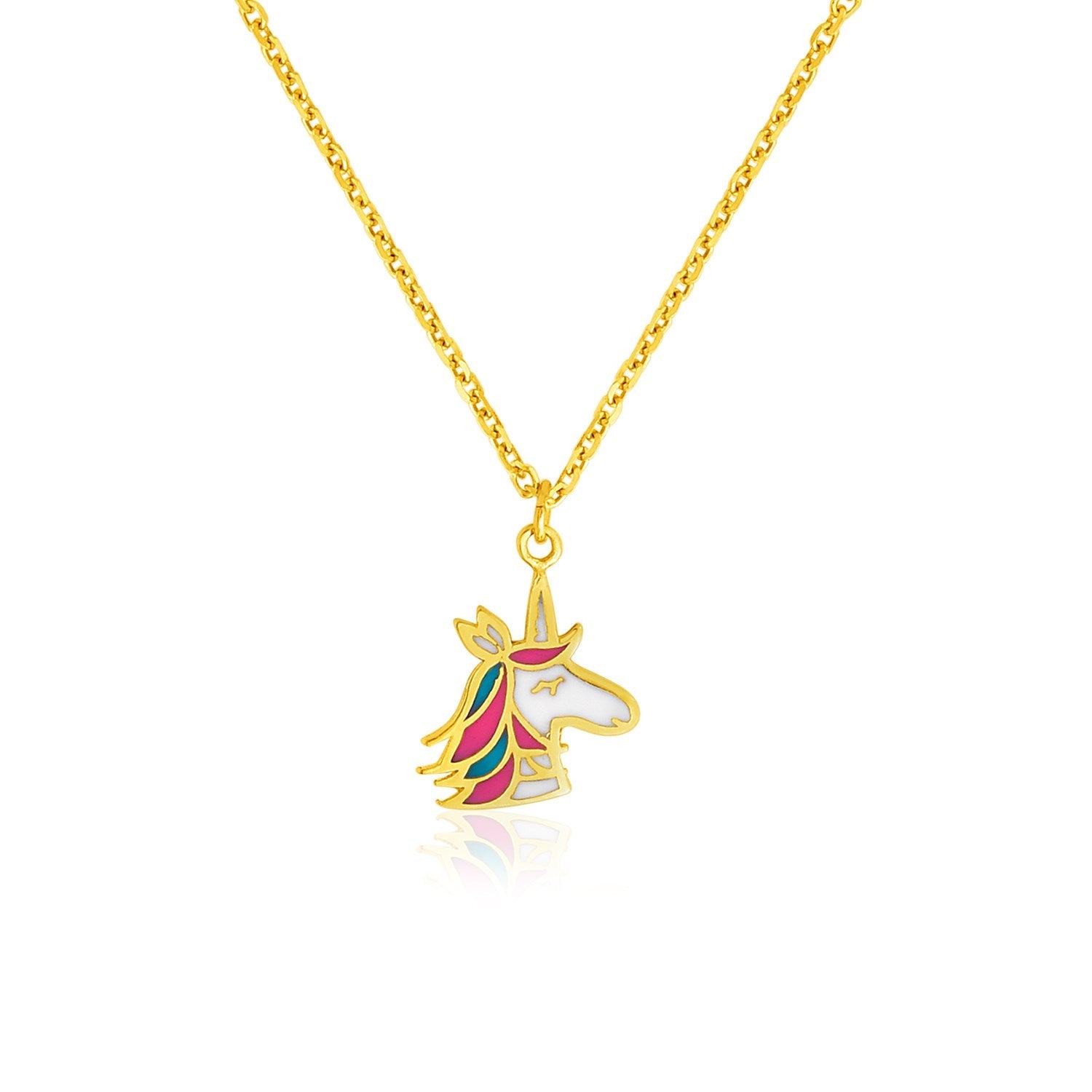 14k Yellow Gold Childrens Necklace with Enameled Unicorn Pendant on sale at MyriadMart