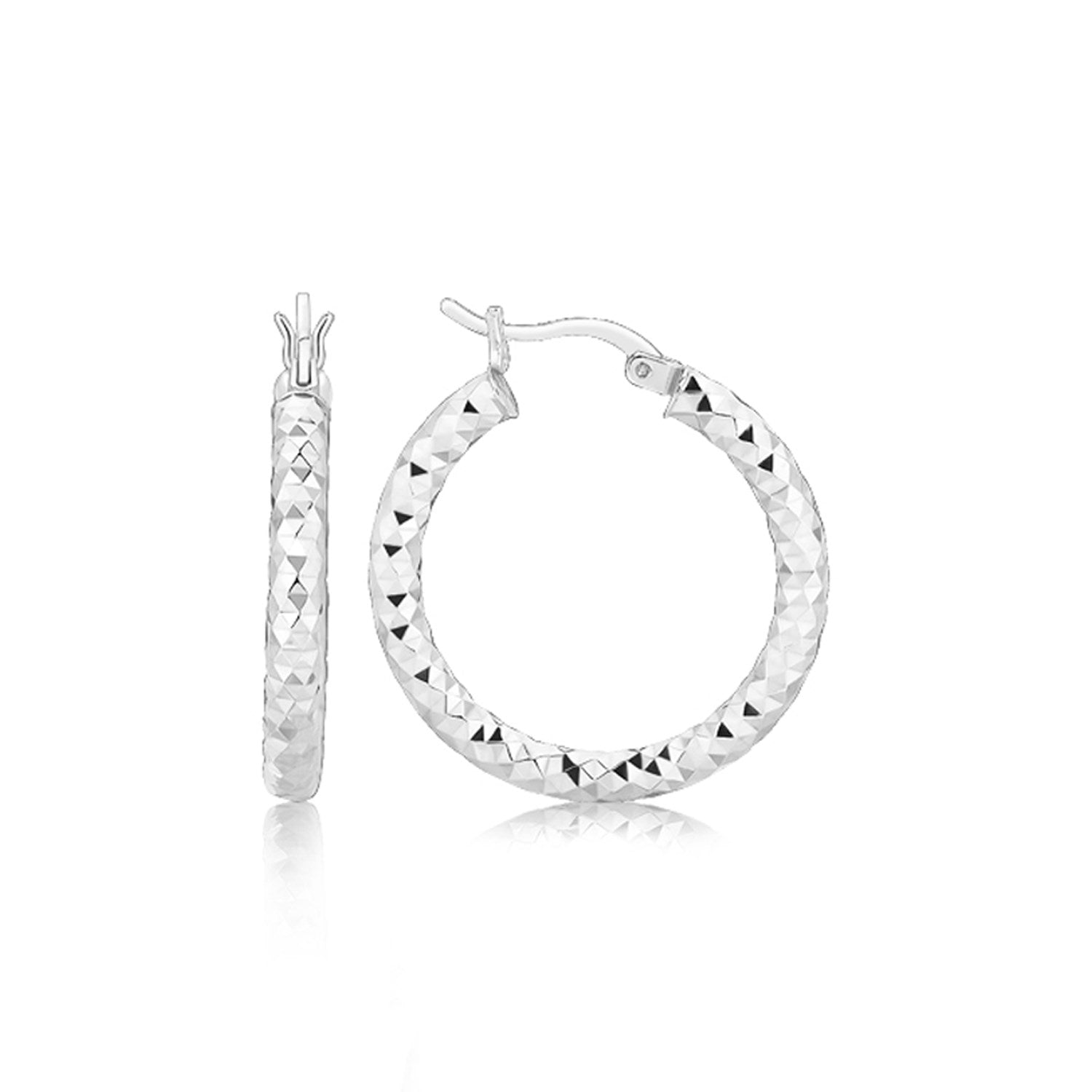 Sterling Silver Faceted Style Hoop Earrings with Rhodium Finishing on sale at MyriadMart