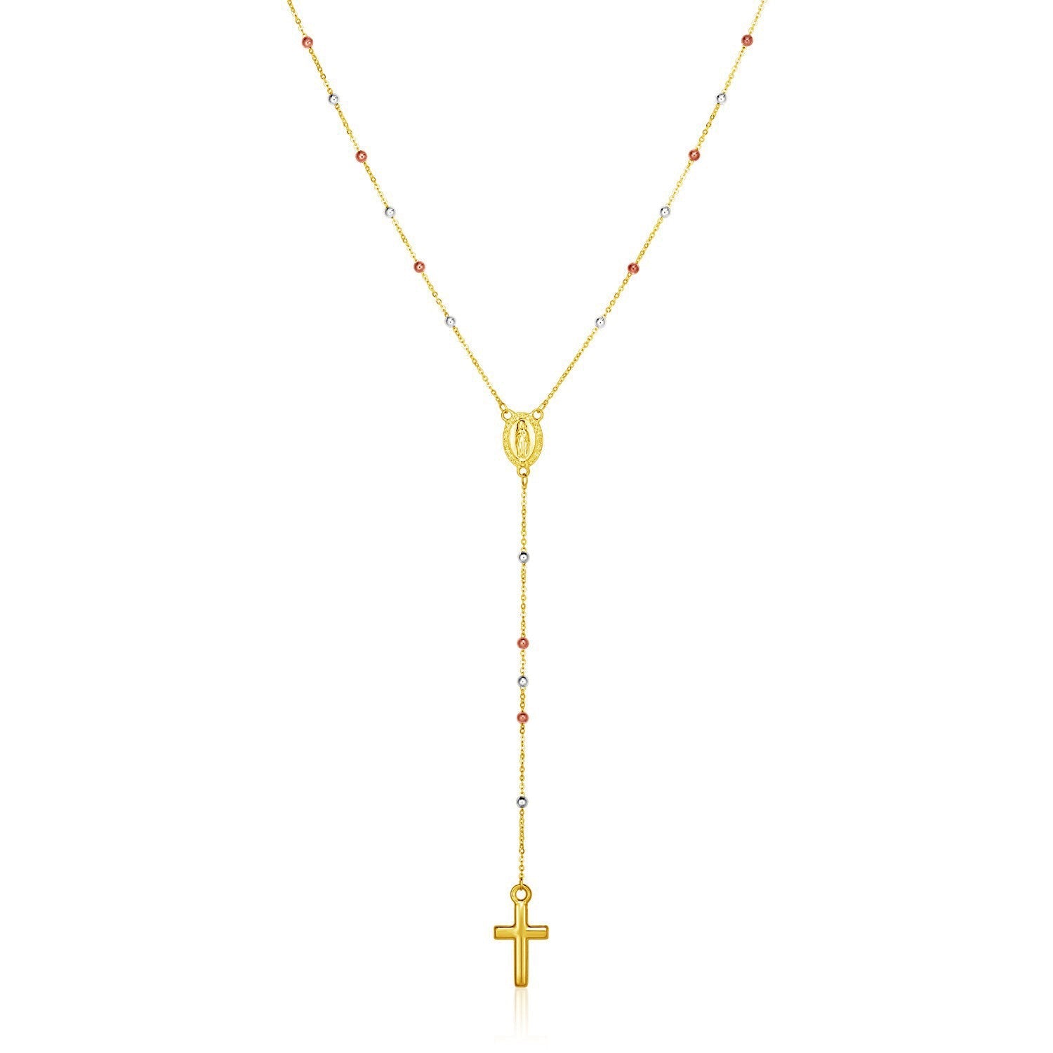 14k Tri Color Gold Lariat Rosary Necklace on sale at MyriadMart