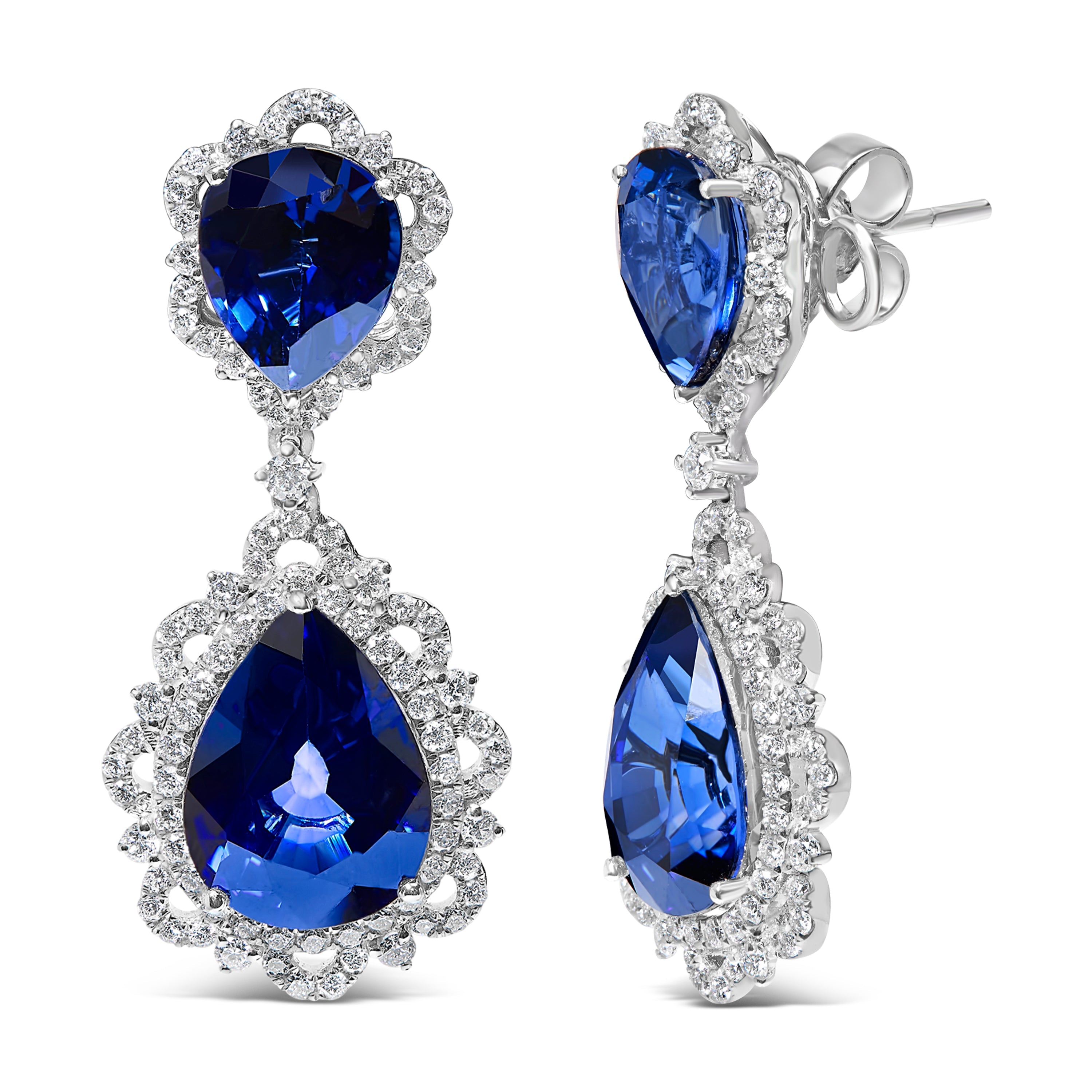 18K White Gold Blue Sapphire and Diamond 2.00 Cttw Diamond Halo Drop and Dangle Earring G-H Color, SI1-SI2 Clarity on sale at MyriadMart