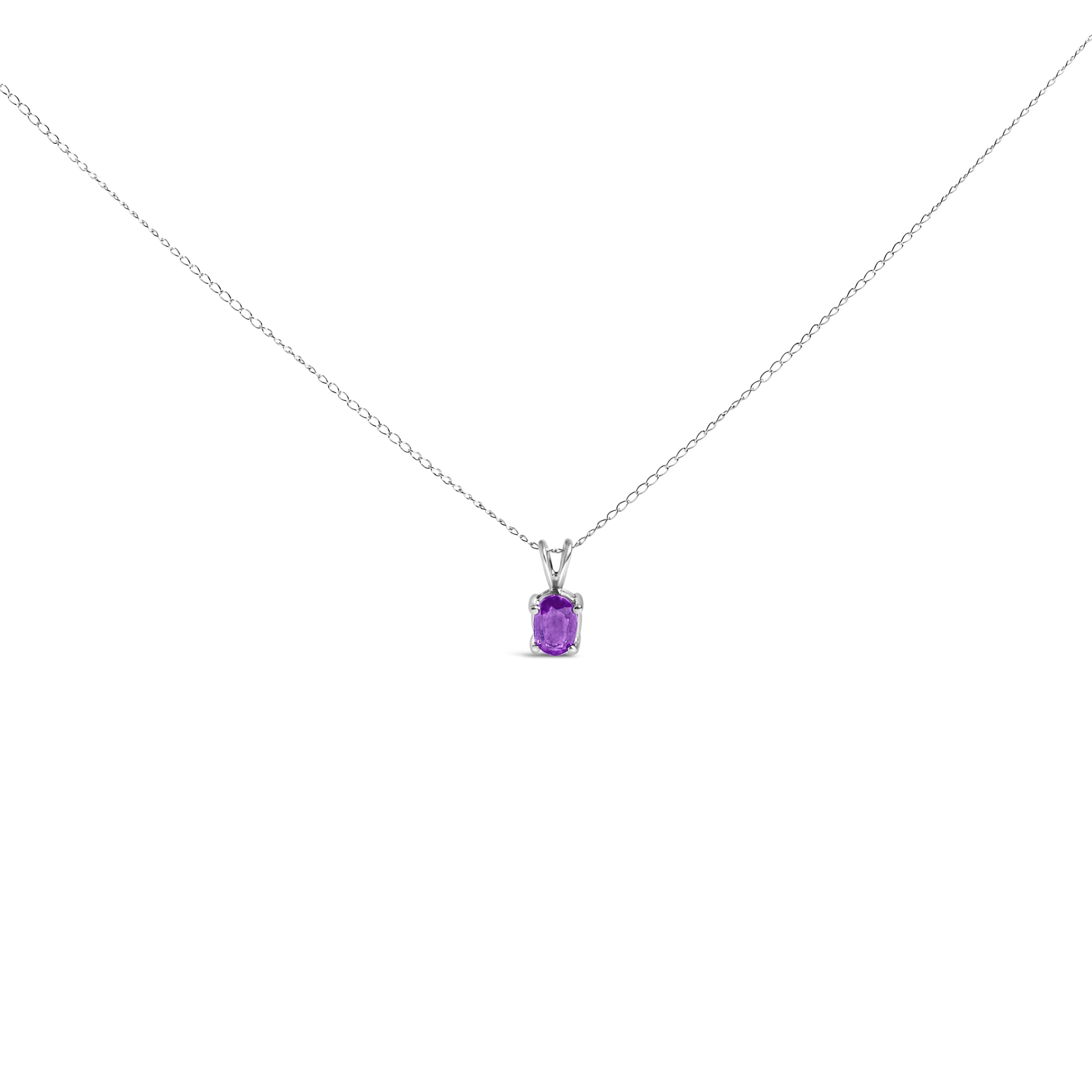 14K White Gold 6x4MM Oval Shaped Purple Amethyst Solitaire Pendant Necklace