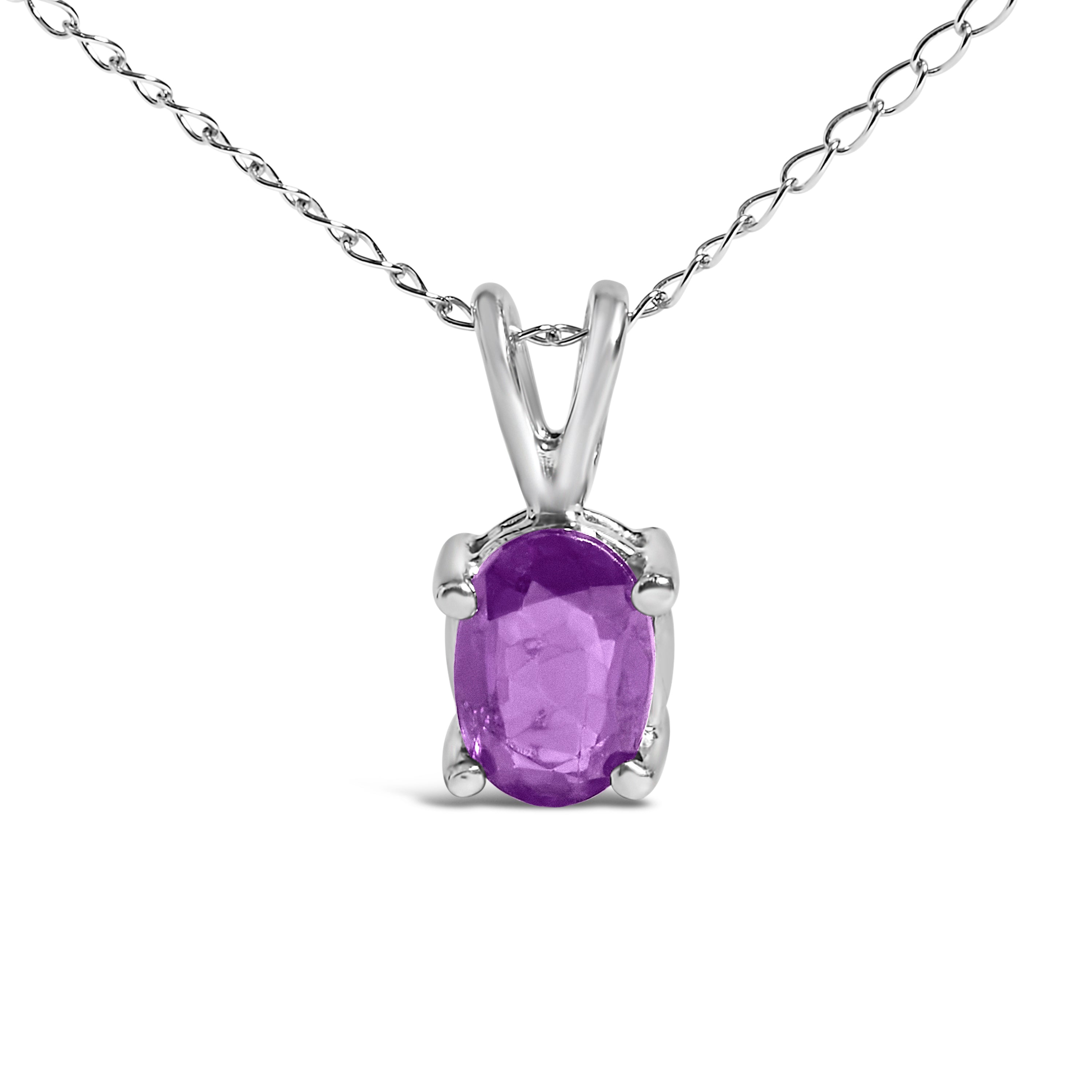 14K White Gold 6x4MM Oval Shaped Purple Amethyst Solitaire Pendant Necklace