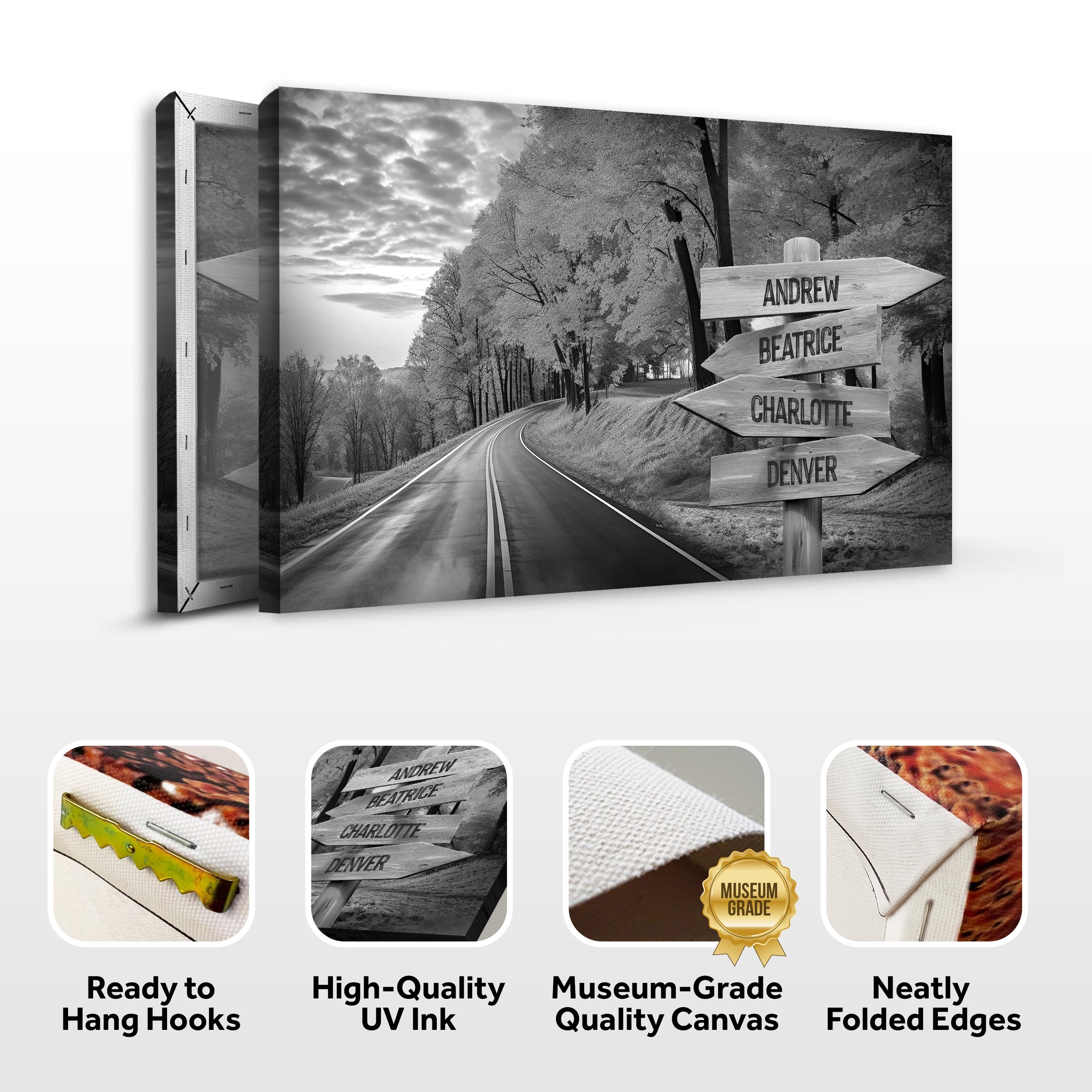 Family Names Monochrome Autumn Roads Sign on sale at MyriadMart