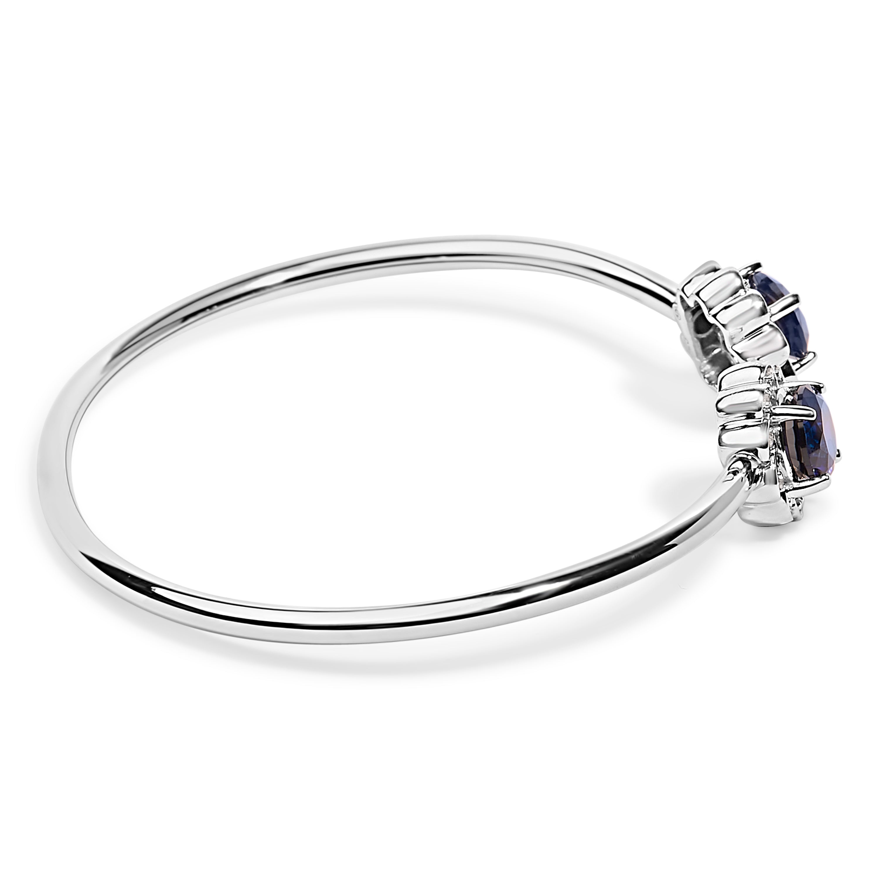 Sterling Silver Diamond Accent Created Blue Sapphire Floral Design Bangle Bracelet