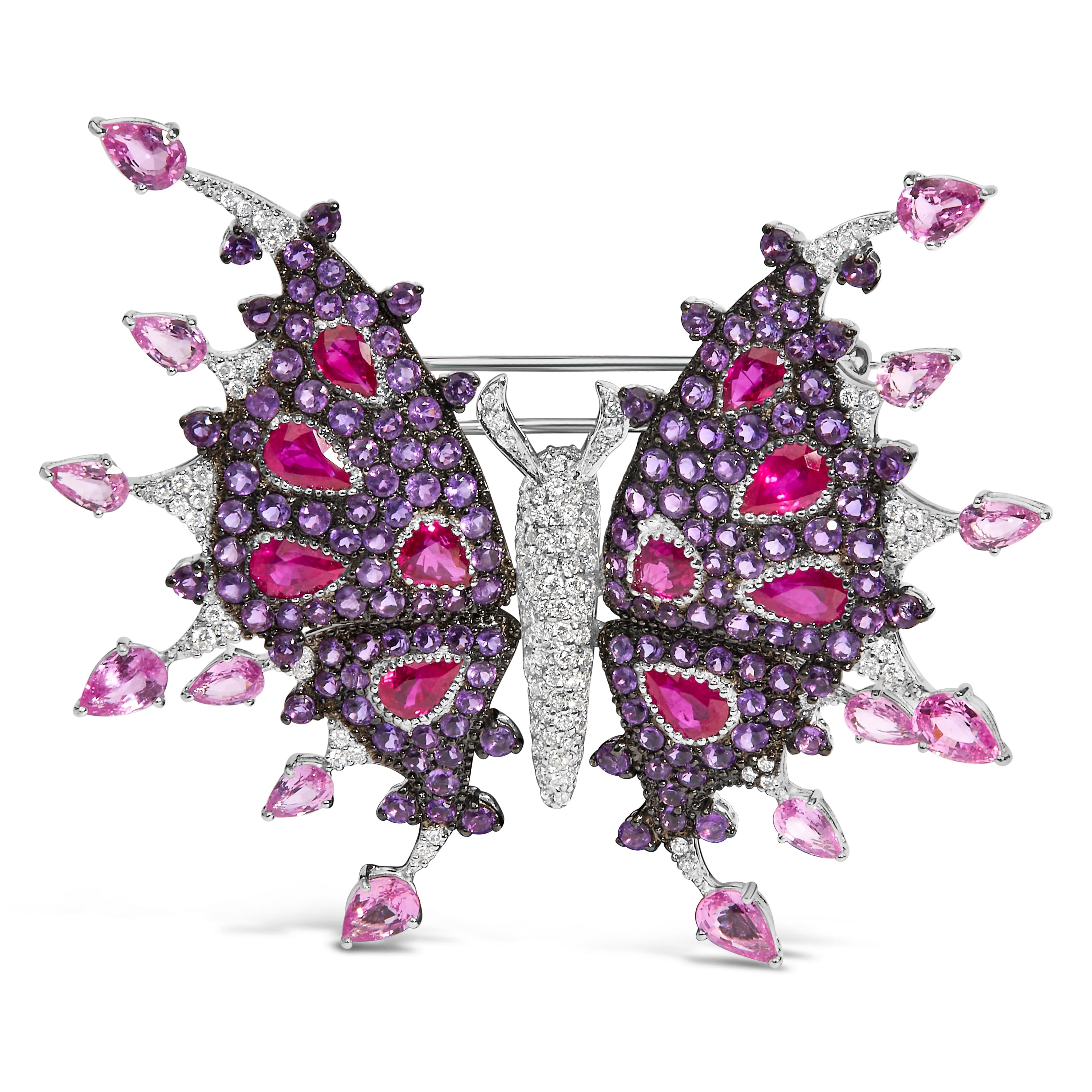 18K White Gold 1.00 Cttw Diamond, Ruby Sapphire, and Amethyst Mixed Gemstone Butterfly Brooch Pin G-H Color, VS1-VS2 Clarity on sale at MyriadMart