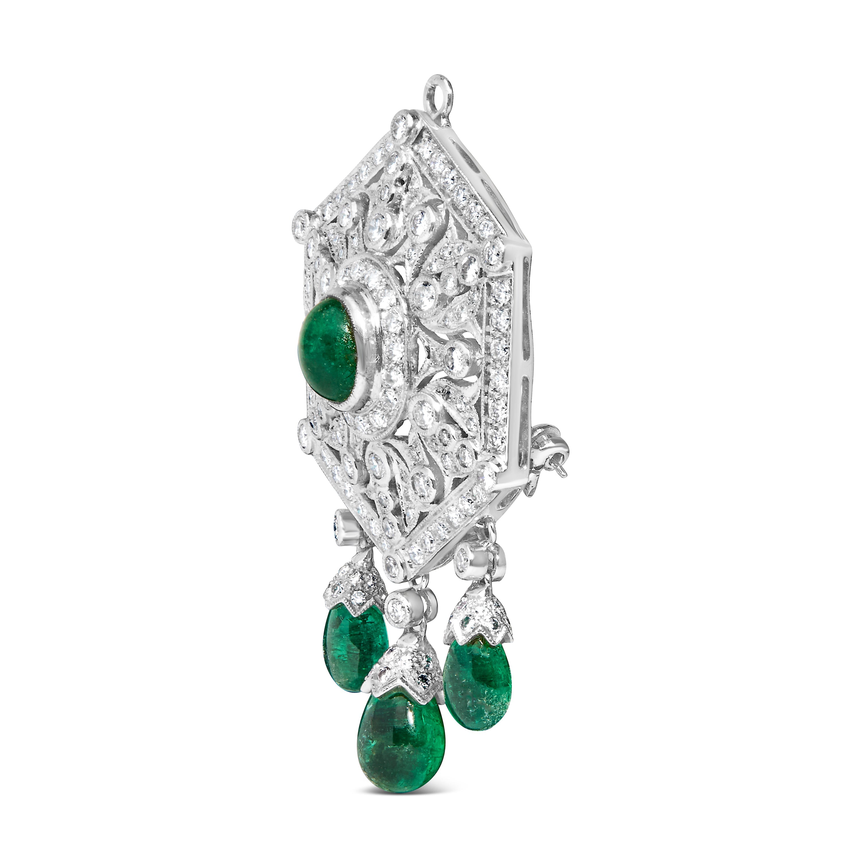 18K 2 3/4 Cttw Diamond and Emerald Dangle Art Deco Shield Brooch Pin Pendant G-H Color, VS1-VS2 Clarity CHAIN NOT INCLUDED on sale at MyriadMart