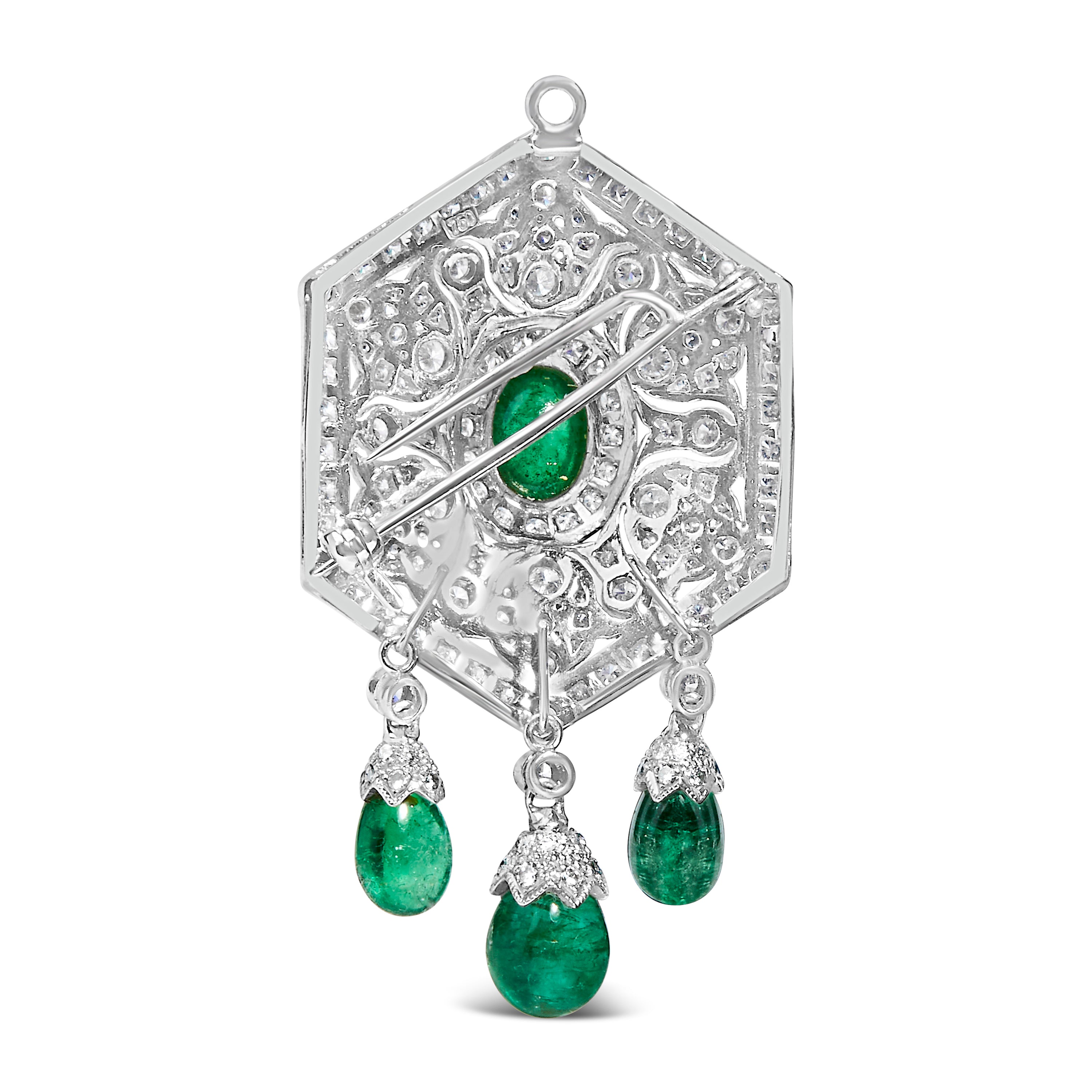 18K 2 3/4 Cttw Diamond and Emerald Dangle Art Deco Shield Brooch Pin Pendant G-H Color, VS1-VS2 Clarity CHAIN NOT INCLUDED on sale at MyriadMart