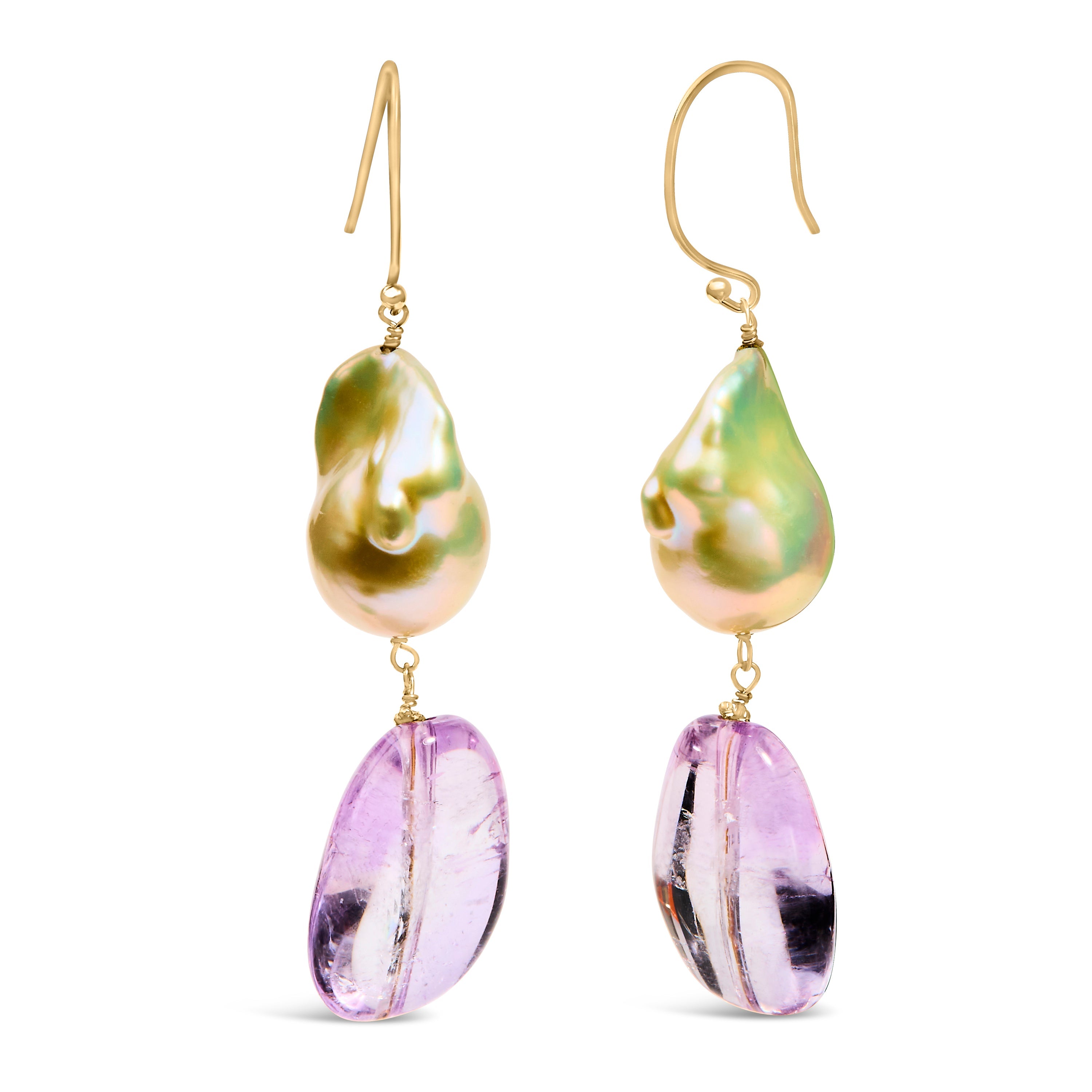 14K Yellow Gold Amethyst and Baroque Pearl Drop and Dangle Earrings 2" Inch Dangle Length on sale at MyriadMart