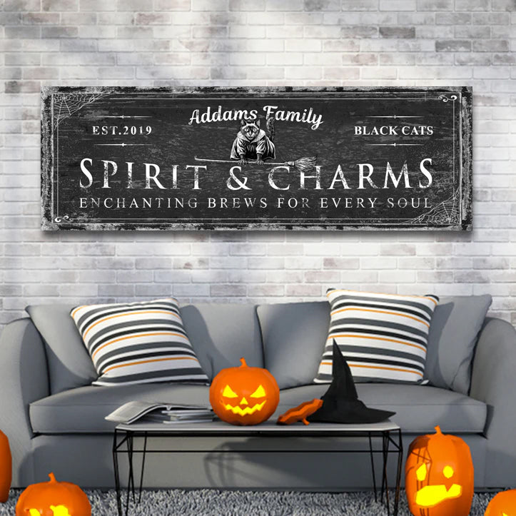 Black Cat’s Spirits & Charms Bar Halloween Sign on sale at MyriadMart