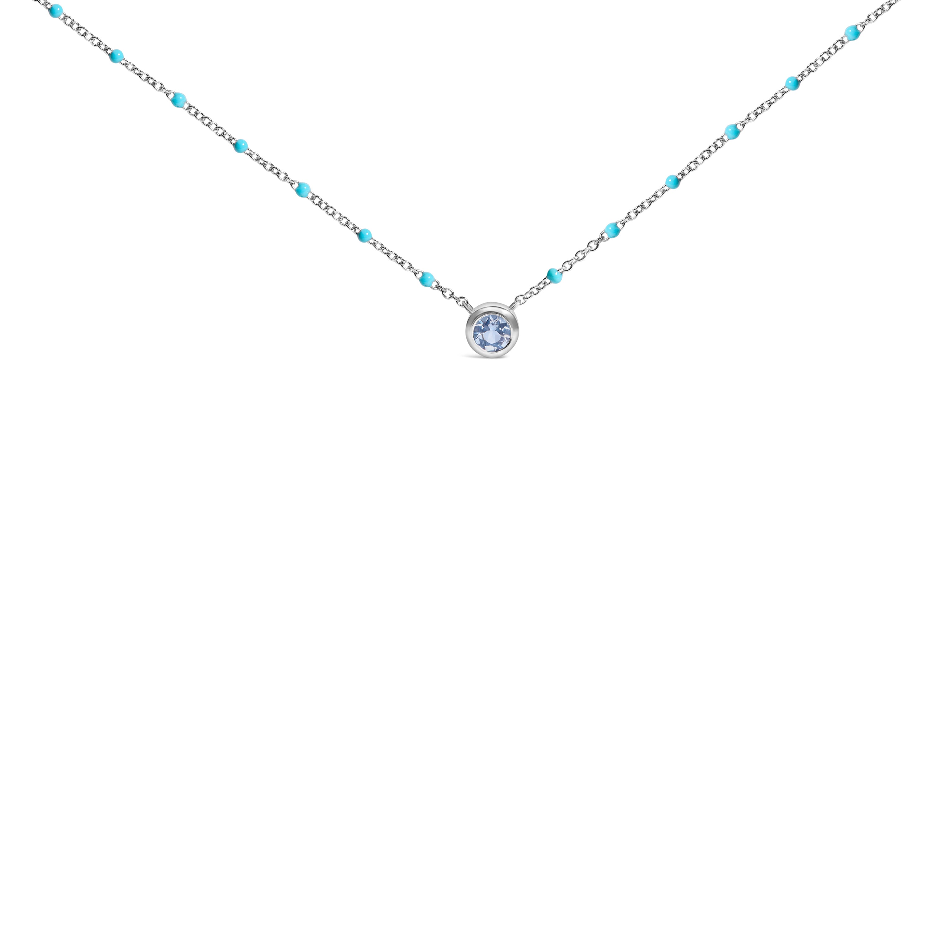 Sterling Silver Bezel Set Light Blue Aquamarine and Enamel Bead Chain Necklace on sale at MyriadMart