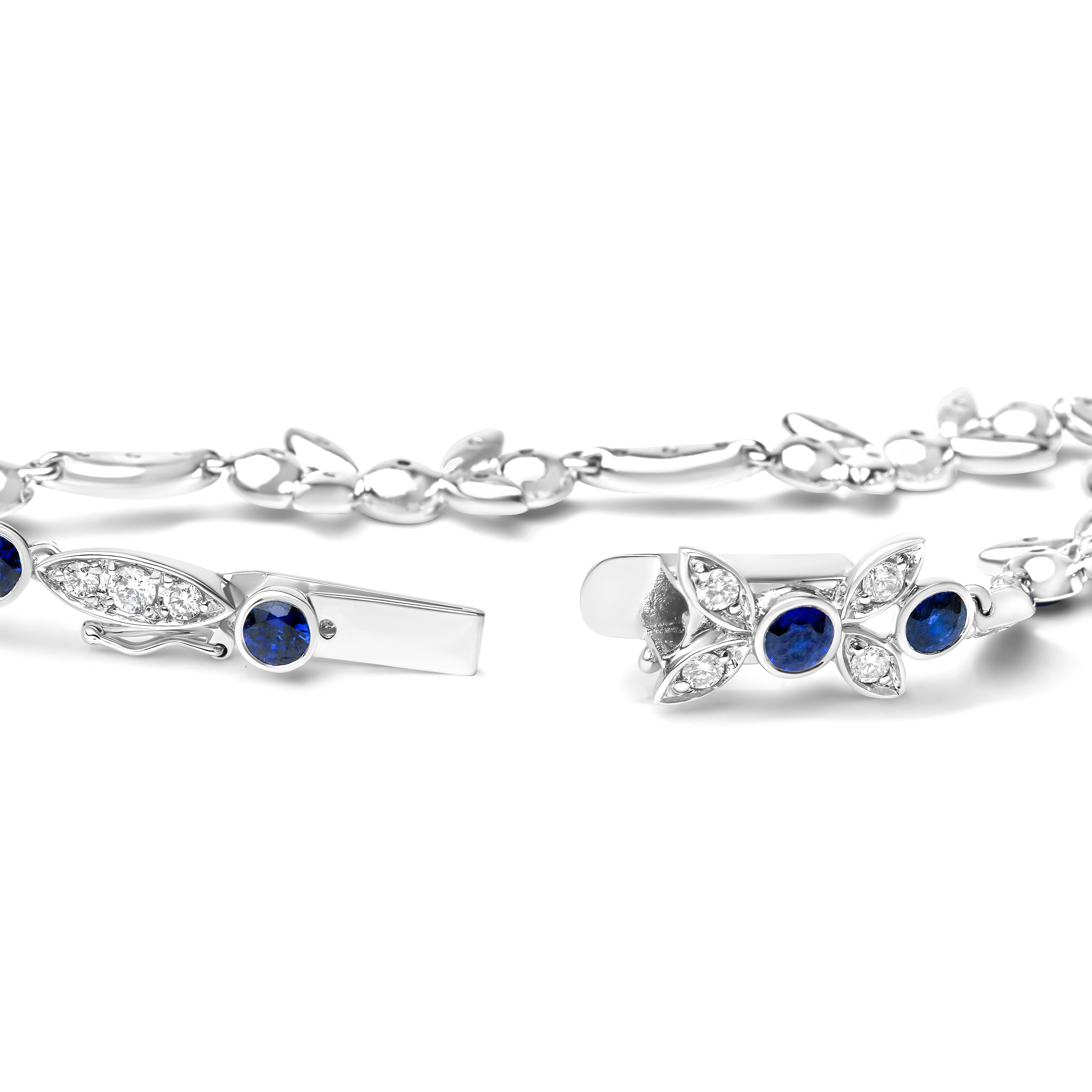 18K White Gold 1 3/4 Cttw Diamond and 3x3mm Round Blue Sapphire Gemstone Floral Link Bracelet G-H Color, SI1-SI2 Clarity - Size 7" on sale at MyriadMart