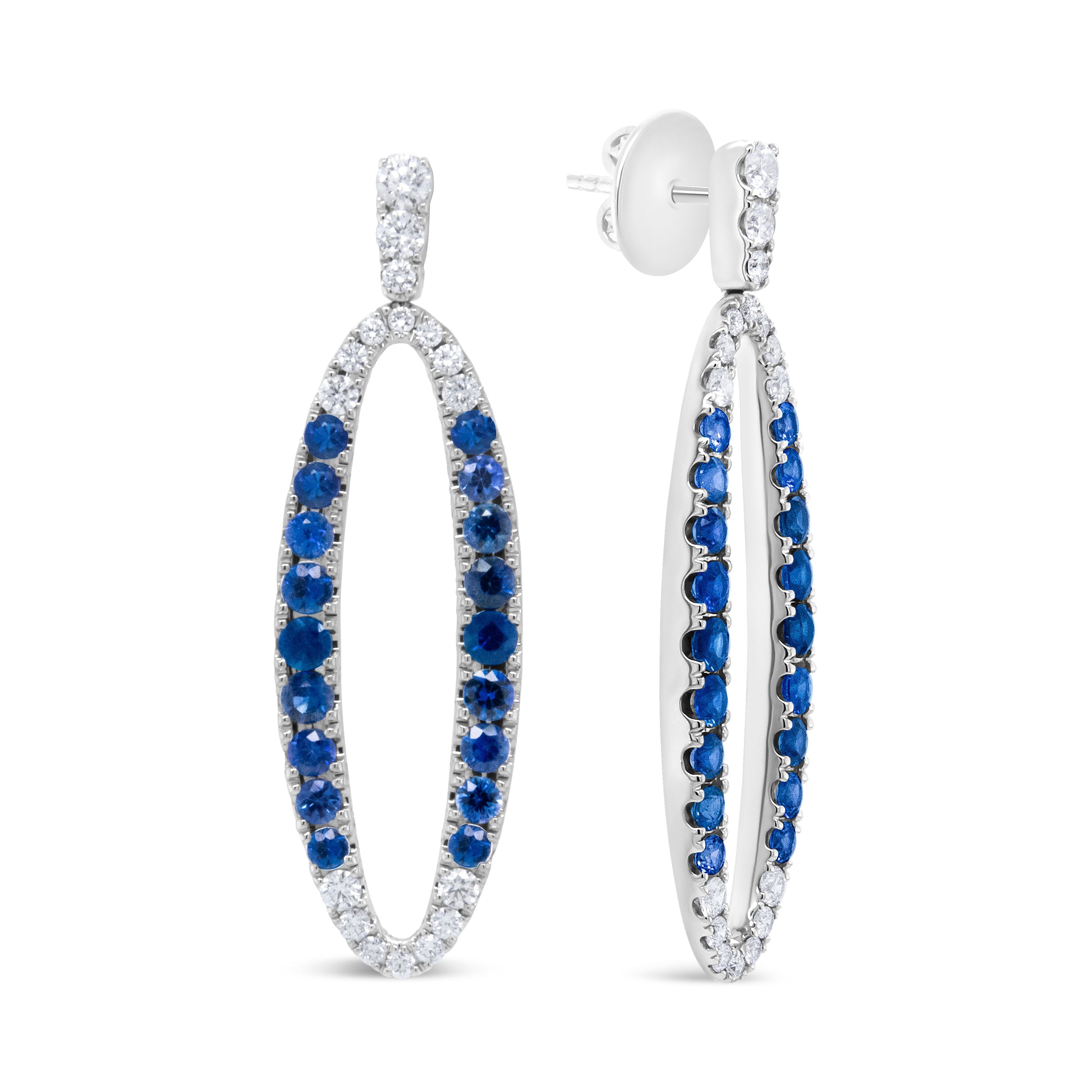 18K White Gold 1.11 Cttw Blue Round Diamond and Blue Sapphire Openwork Oval Shaped Dangle Earrings F-G Color, VS1-VS2 Clarity on sale at MyriadMart