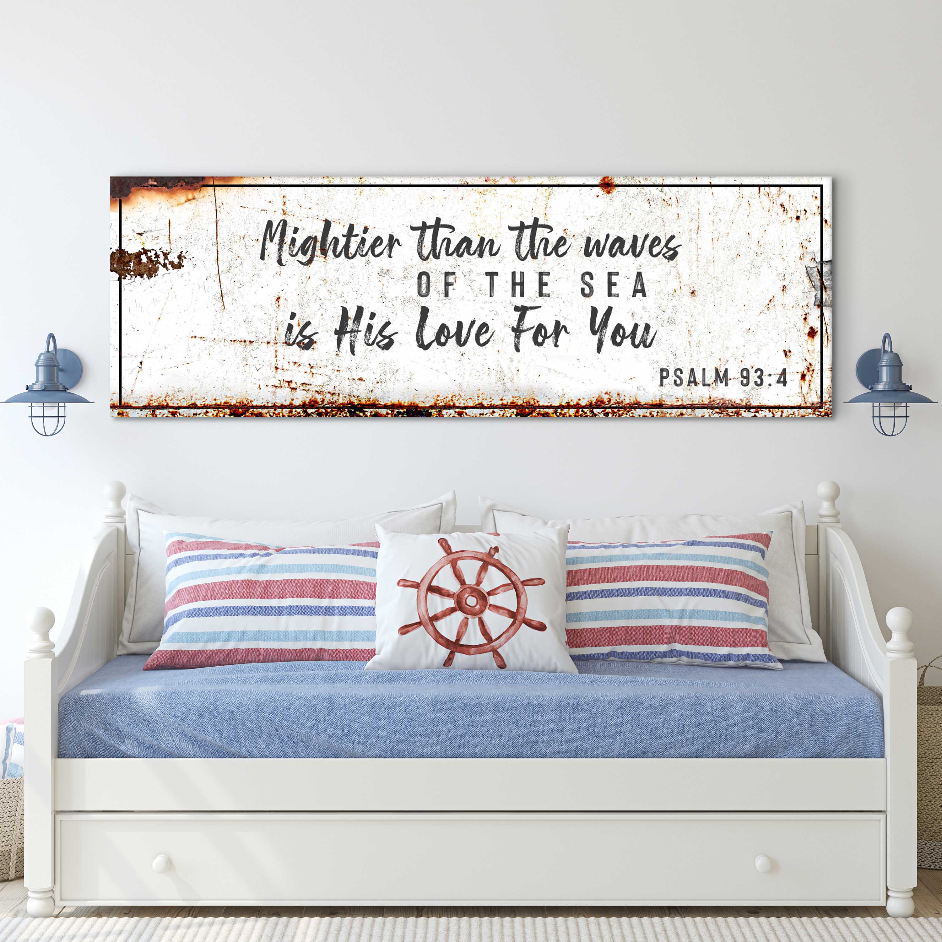 Psalm 93:4 - Mightier Than The Waves Is His Love Rustic Sign on sale at MyriadMart