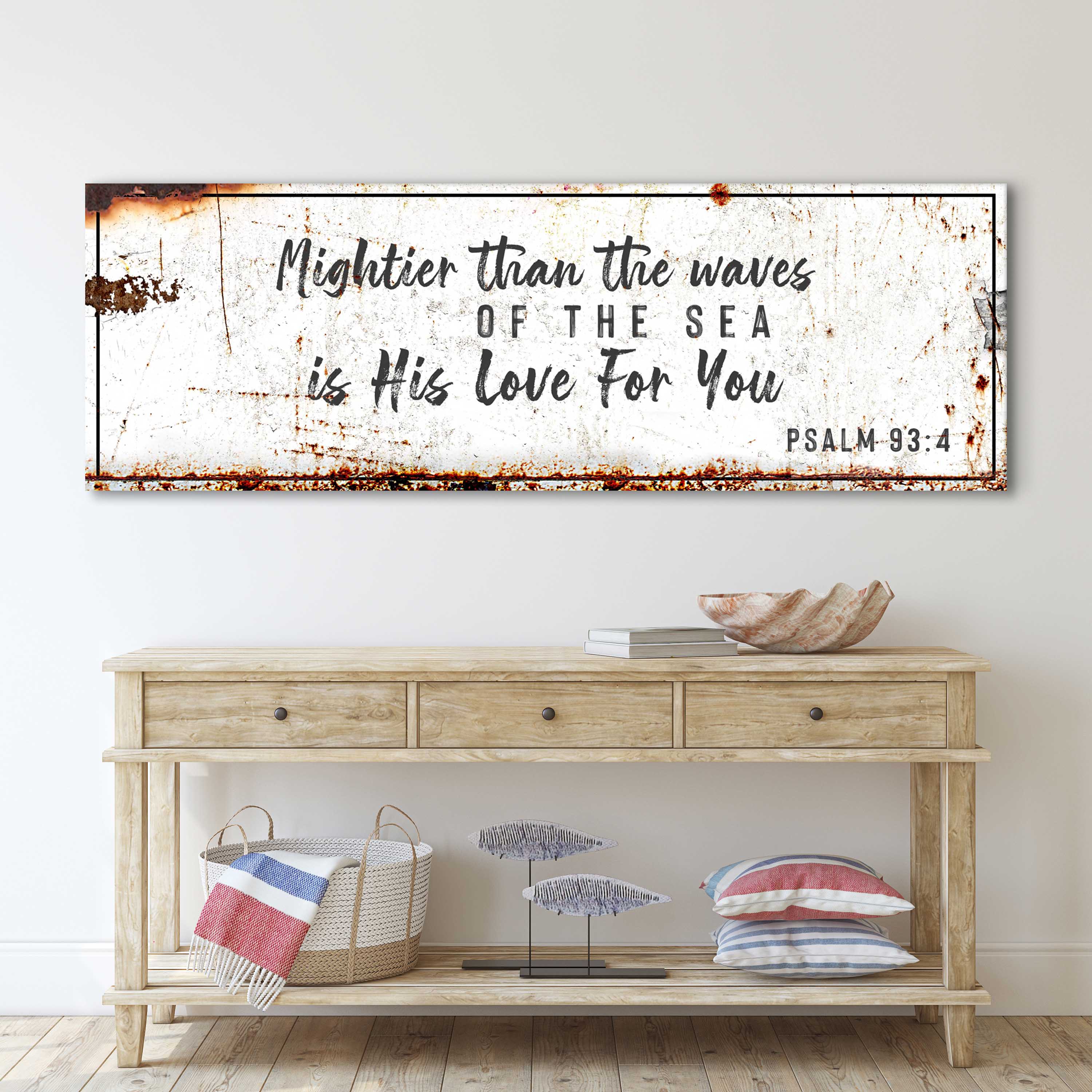 Psalm 93:4 - Mightier Than The Waves Is His Love Rustic Sign on sale at MyriadMart