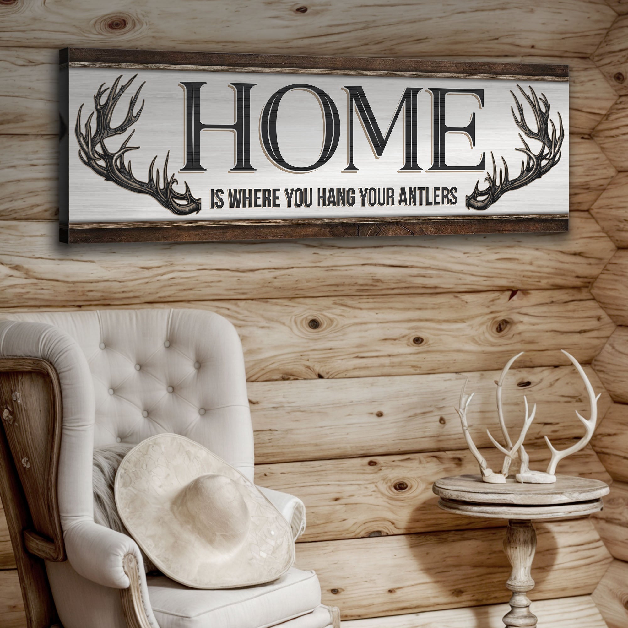 Home Is Where You Hang Your Antlers Sign on sale at MyriadMart