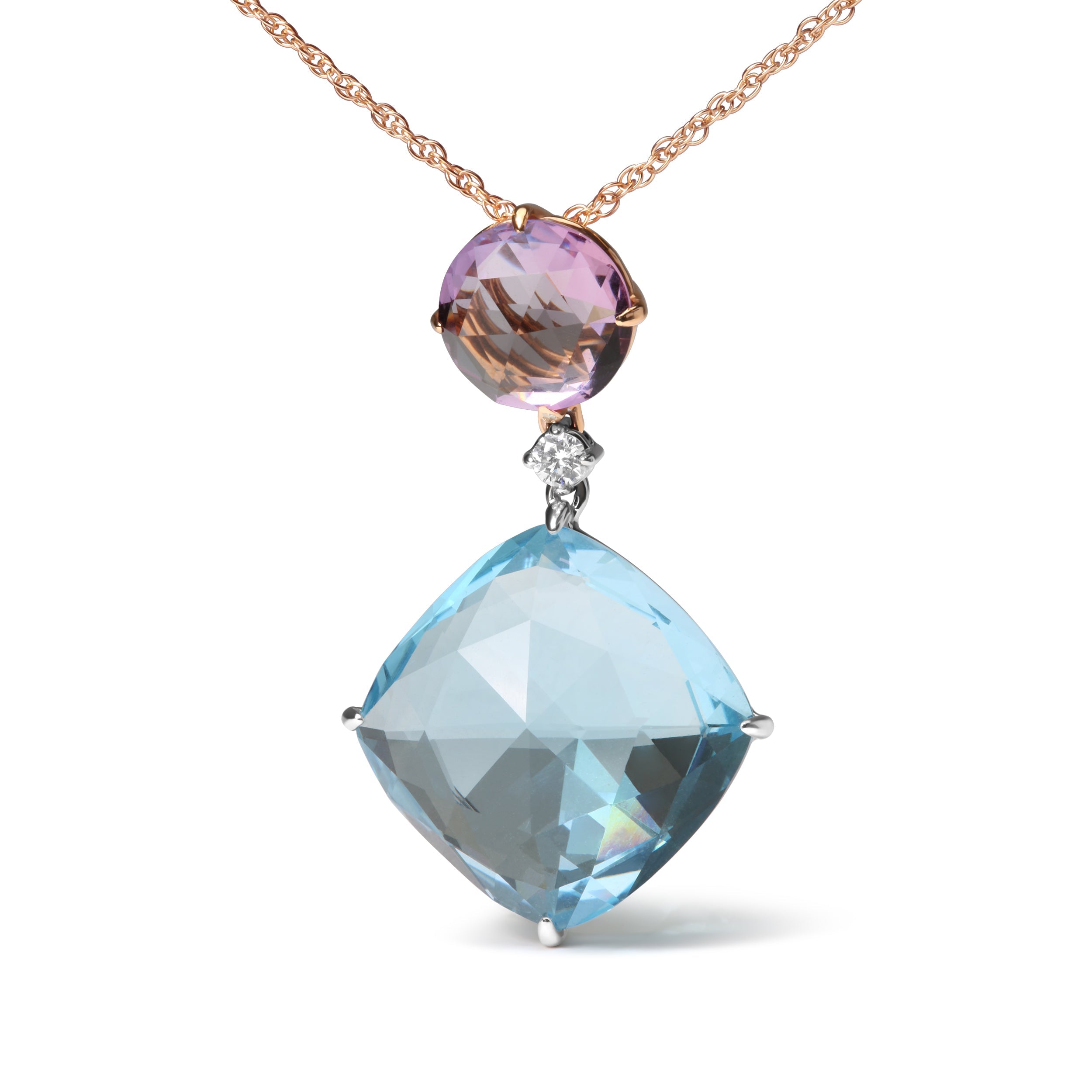 18K White and Rose Gold Round Diamond Accent and Round Rose De France Pink Amethyst and Cushion Cut Sky Blue Topaz Dangle Drop 18" Pendant Necklace G-H Color, SI1-SI2 Clarity on sale at MyriadMart