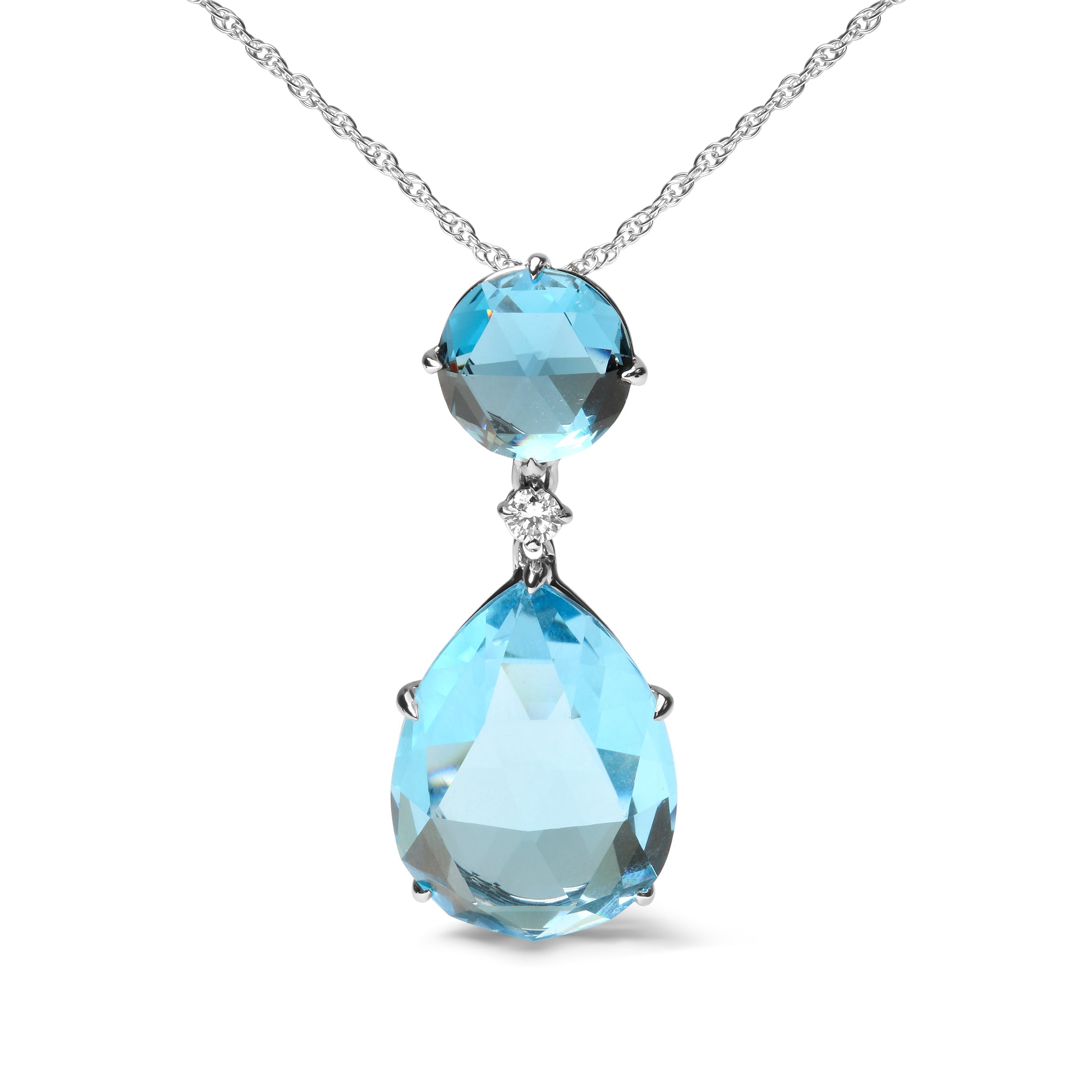 18K White Gold Diamond Accent and Round London Blue Topaz and Pear Cut Sky Blue Topaz Dangle Drop 18" Pendant Necklace G-H Color, SI1-SI2 Clarity on sale at MyriadMart