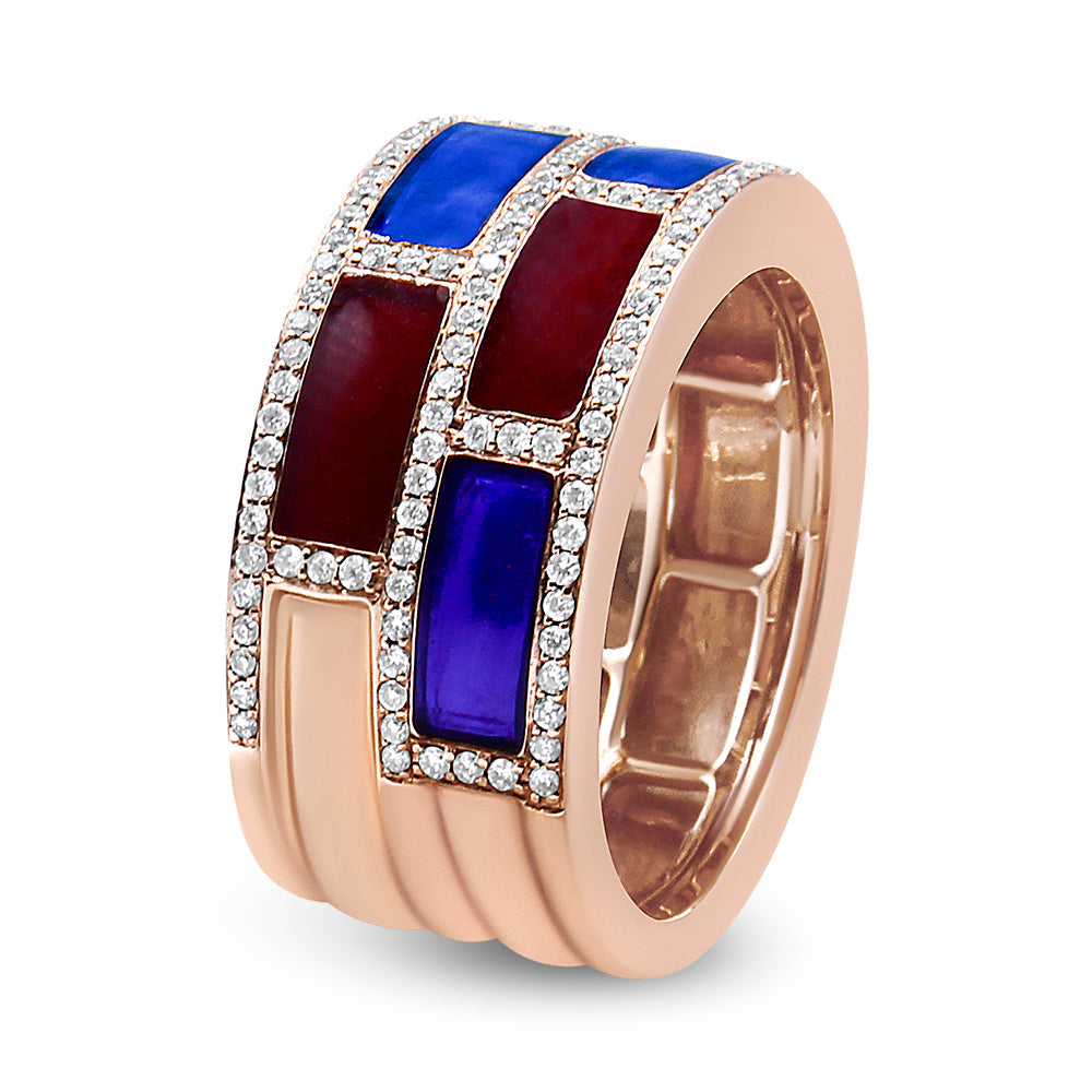 18K Rose Gold Alternating Red and Blue Enamel and 1/2 Cttw Diamond Studded Band Ring F-G Color, VS1-VS2 Clarity - Ring Size 7 on sale at MyriadMart