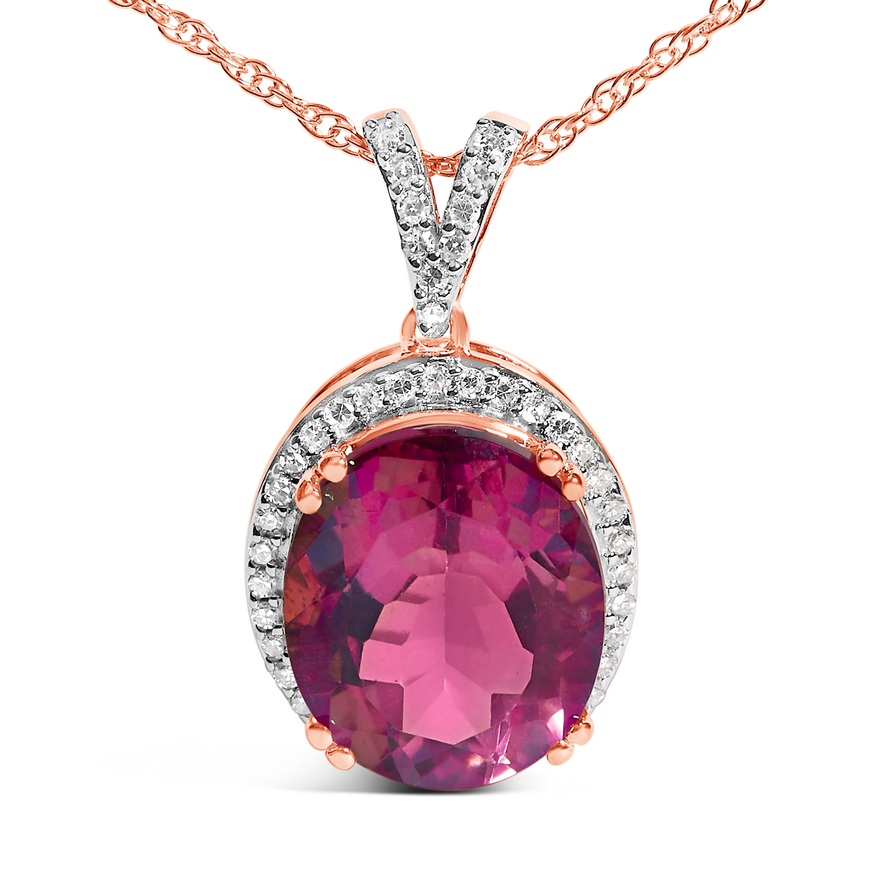 14K Rose Gold Vermeil Sterling Silver 1/5 Cttw Diamond Pink Quartz Oval Pendant Necklace on sale at MyriadMart