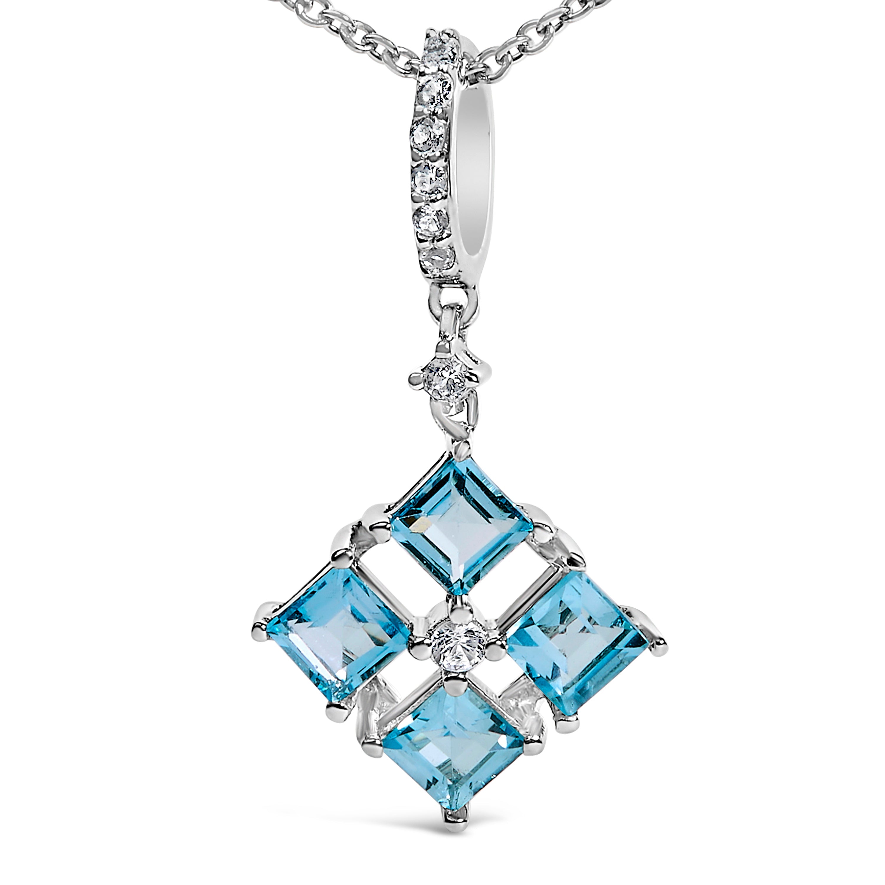 Sterling Silver Blue Topaz and White Sapphire Square Motif Pendant Necklace 18 Inch on sale at MyriadMart