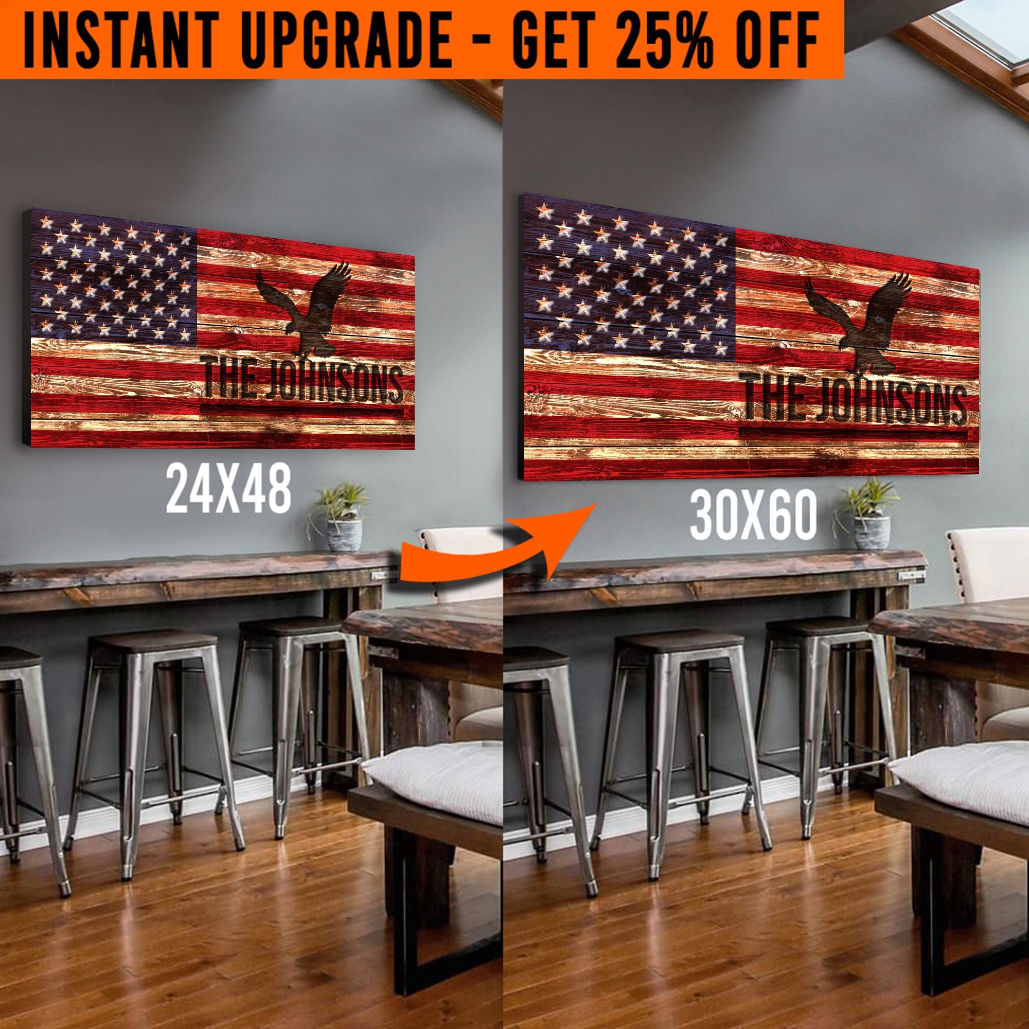 Upgrade Your 24x48 Inches 'Rustic American Flag' Style 1 Canvas To 60x30 Inches on sale at MyriadMart