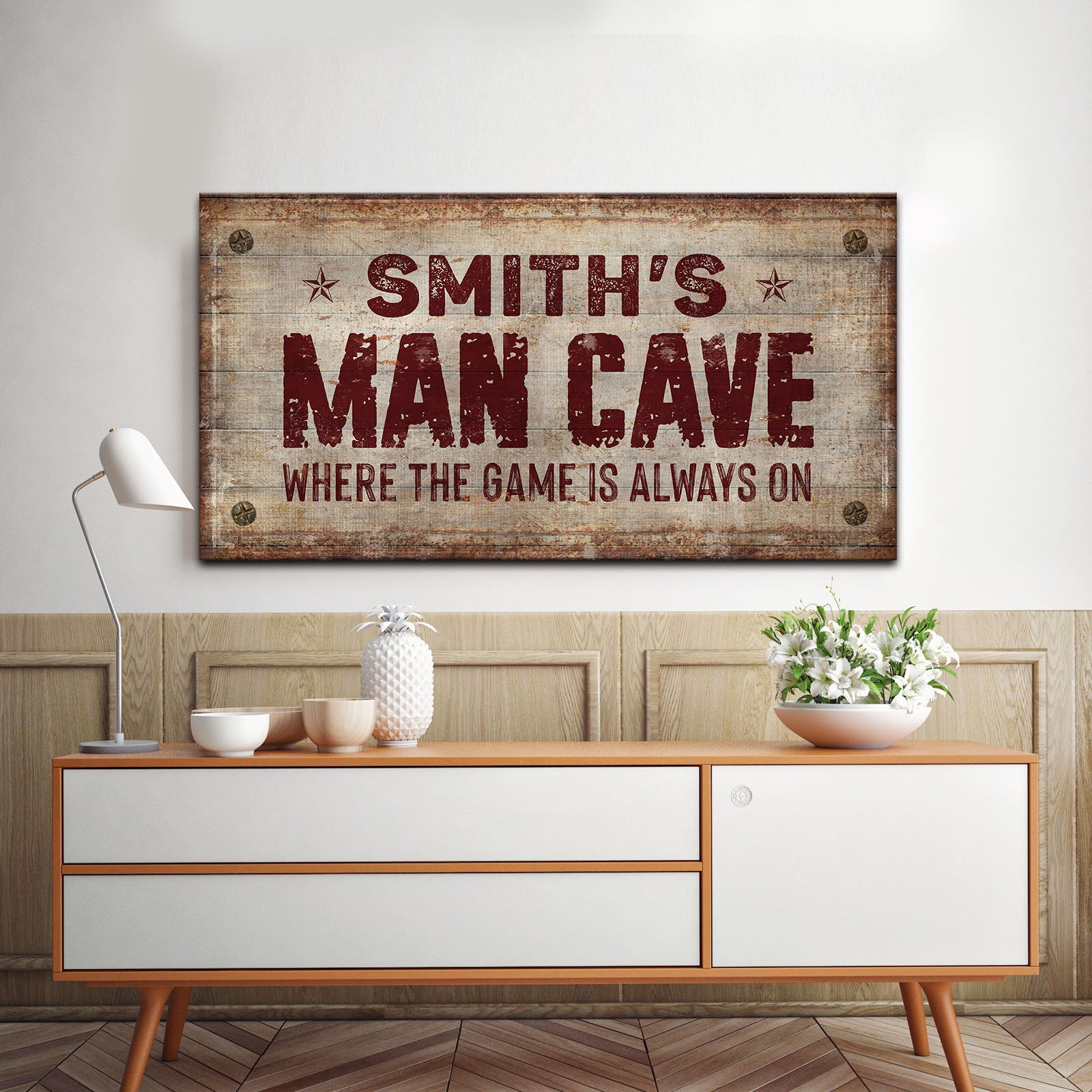 Where the Game is Always On Man Cave Sign on sale at MyriadMart