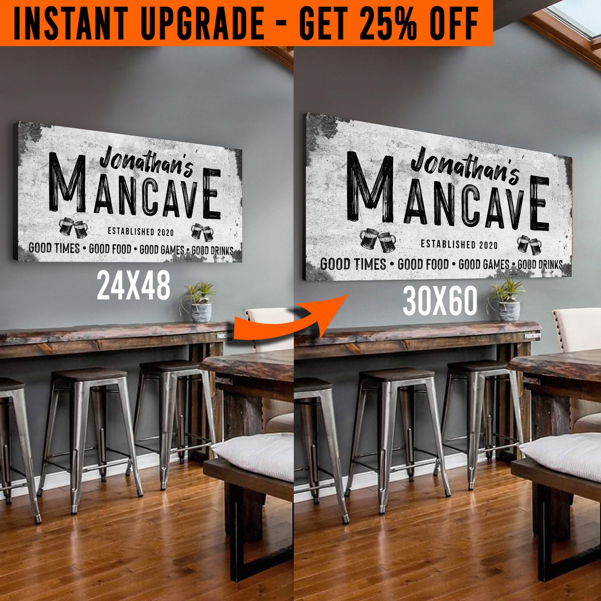 Upgrade Your 48x24 Inches 'Good Times Man Cave Sign' Style 2 Canvas To 60x30 Inches on sale at MyriadMart
