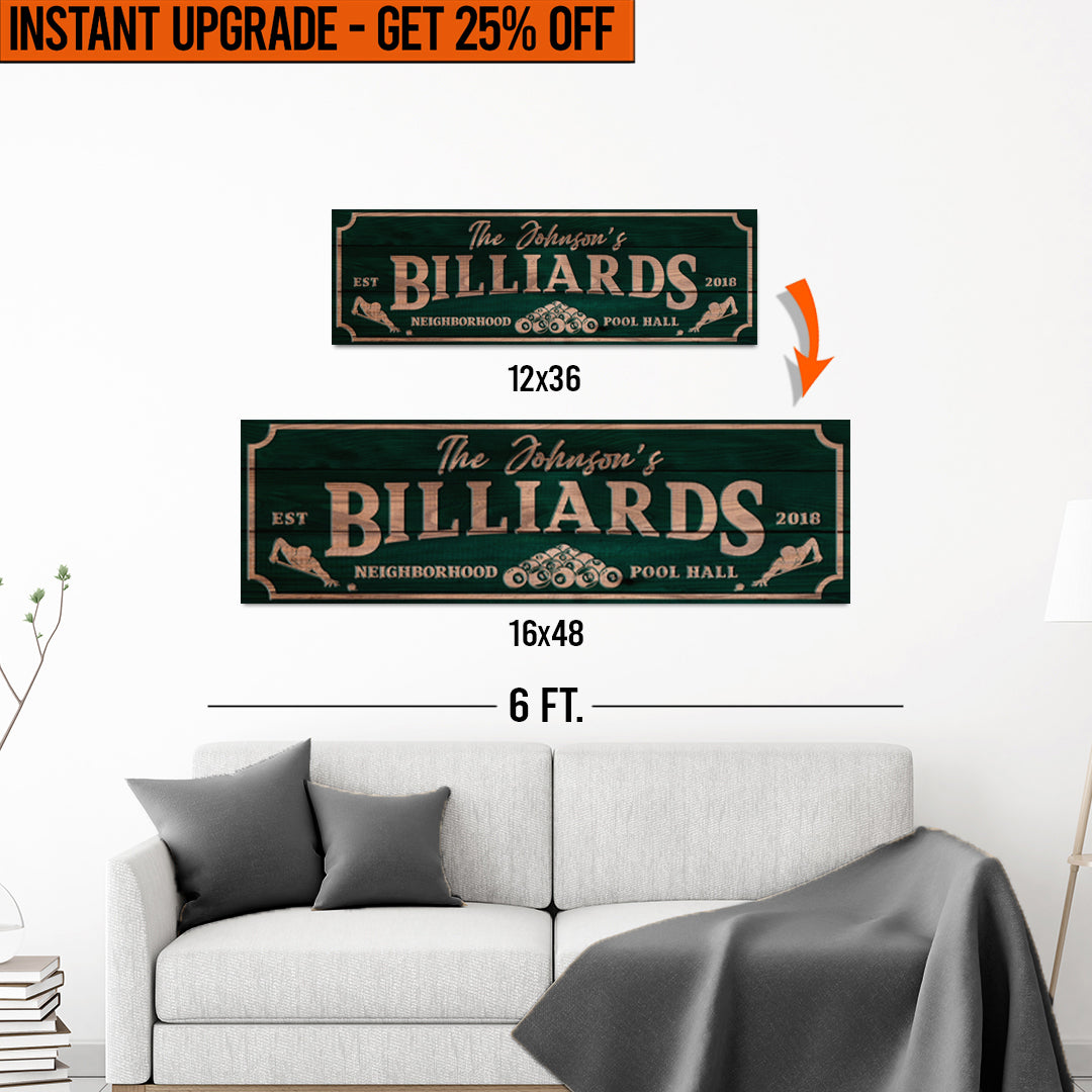 Upgrade Your 12x36 Inches 'Neighborhood Pool Hall Billiards' Style 1 Canvas To 16x48 Inches on sale at MyriadMart