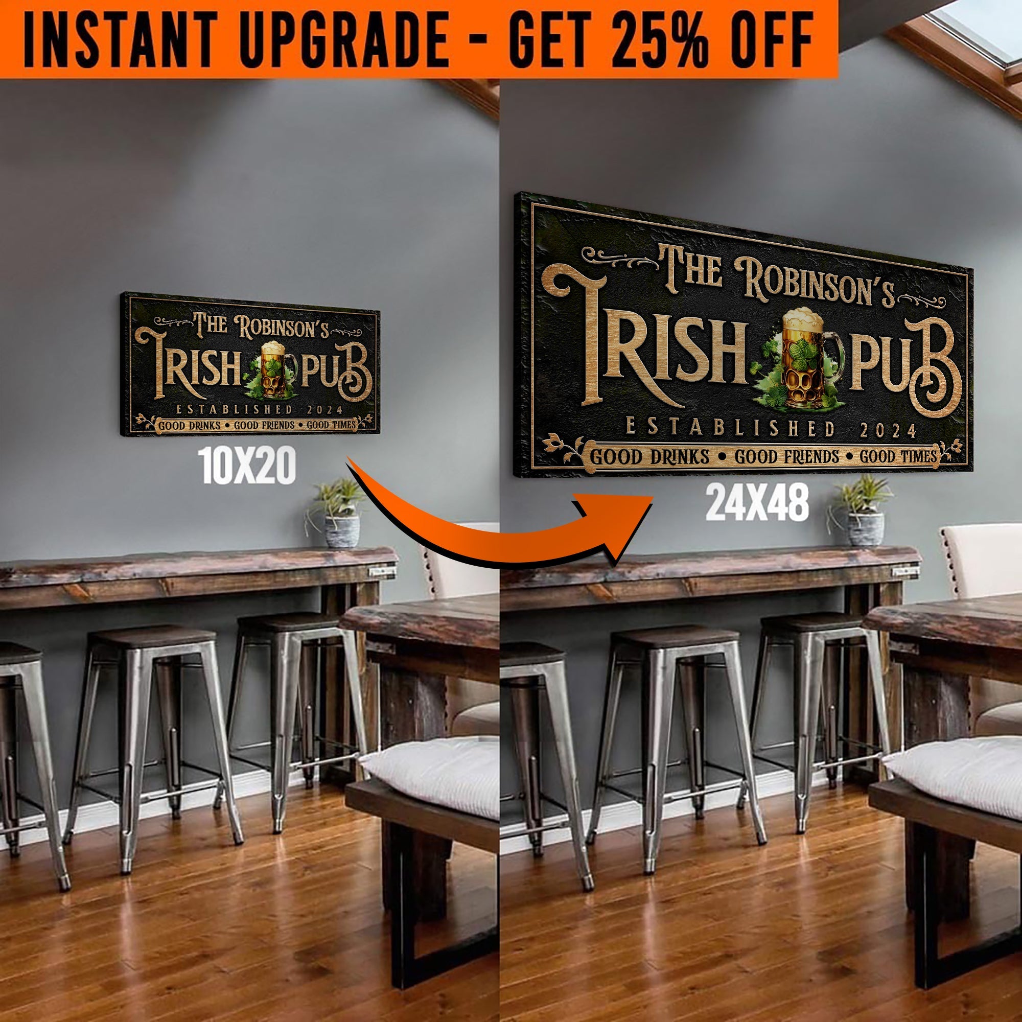 Upgrade Your 20x10 'Custom Irish Pub Bar Sign III' Canvas To 24x48 Inches on sale at MyriadMart
