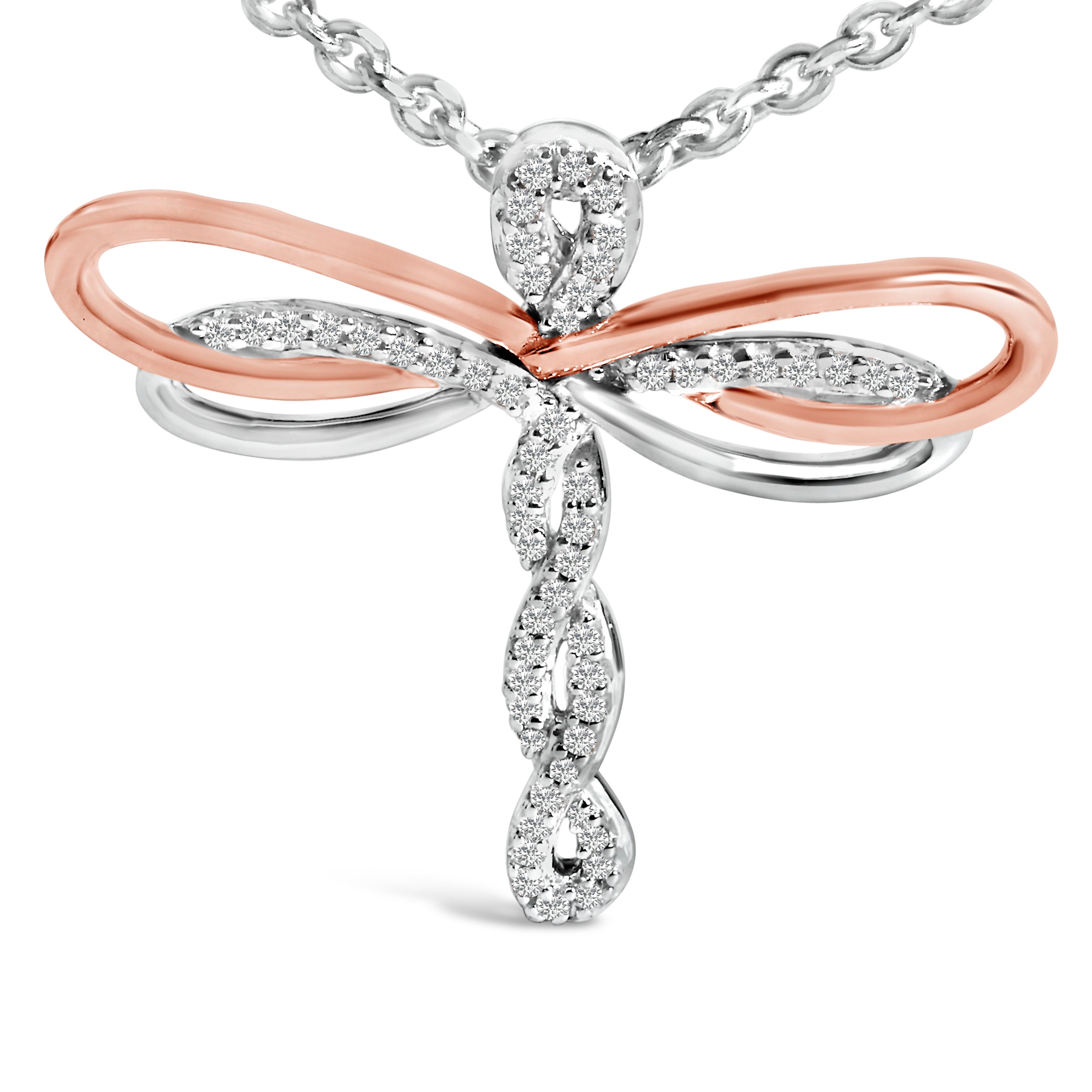 14K Rose Gold Plated Sterling Silver 1/10 Cttw Diamond Dragonfly Pendant Necklace on sale at MyriadMart