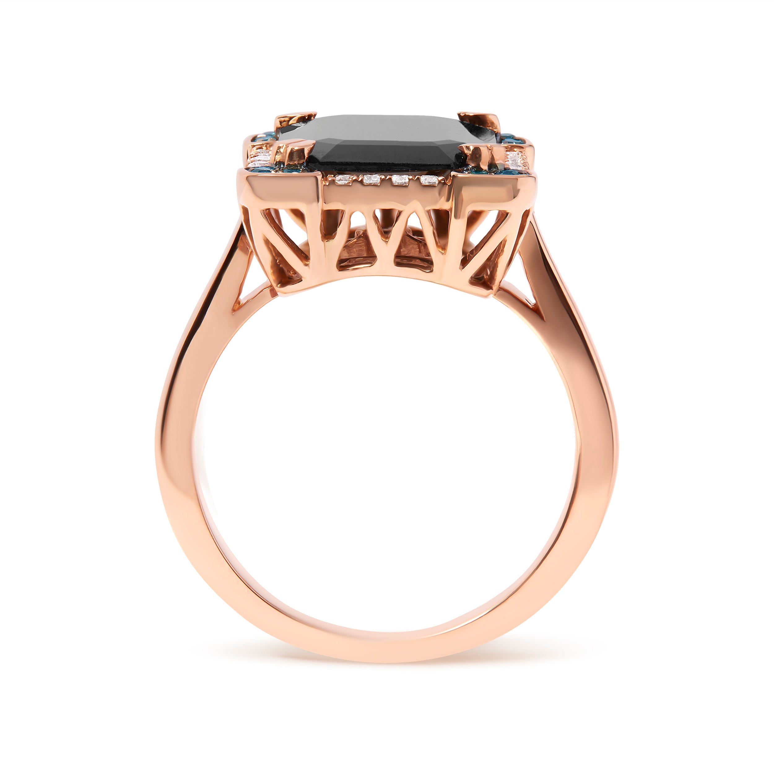 14K Rose Gold 15x10 MM Emerald-Cut Black Onyx and 1/5 Cttw Blue and White Diamond Halo Cocktail Ring G-H Color, SI1-SI2 Clarity - Size 7 on sale at MyriadMart