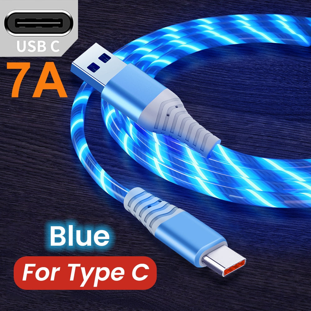 7A 100W Flow Luminous USB Type C Cable For Huawei P50 Honor 3A Fast Charging USB C Charger Data Cable for Xiaomi Samsung iPhone