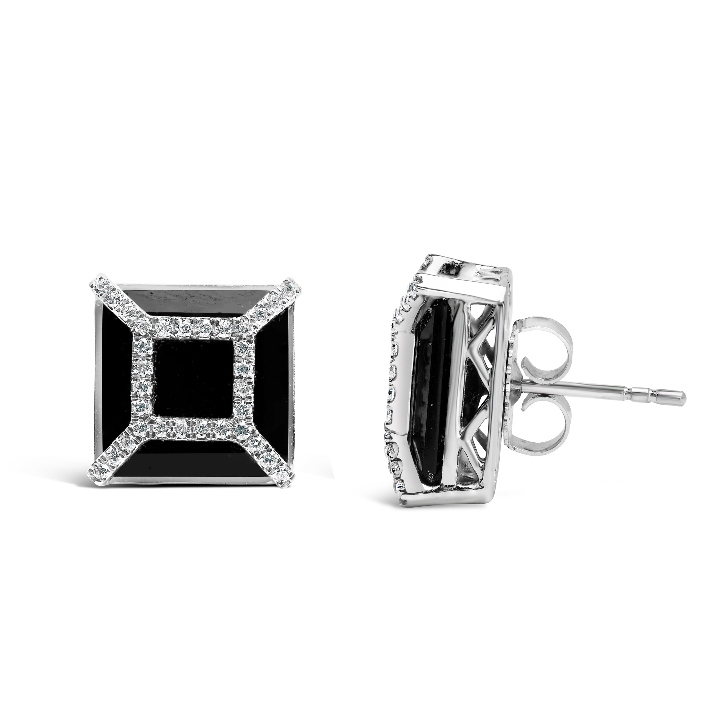 14K White Gold 3/8ct Diamond with 11x11MM Black Onyx Stud Earrings G-H Color, SI1-SI2 Clarity on sale at MyriadMart