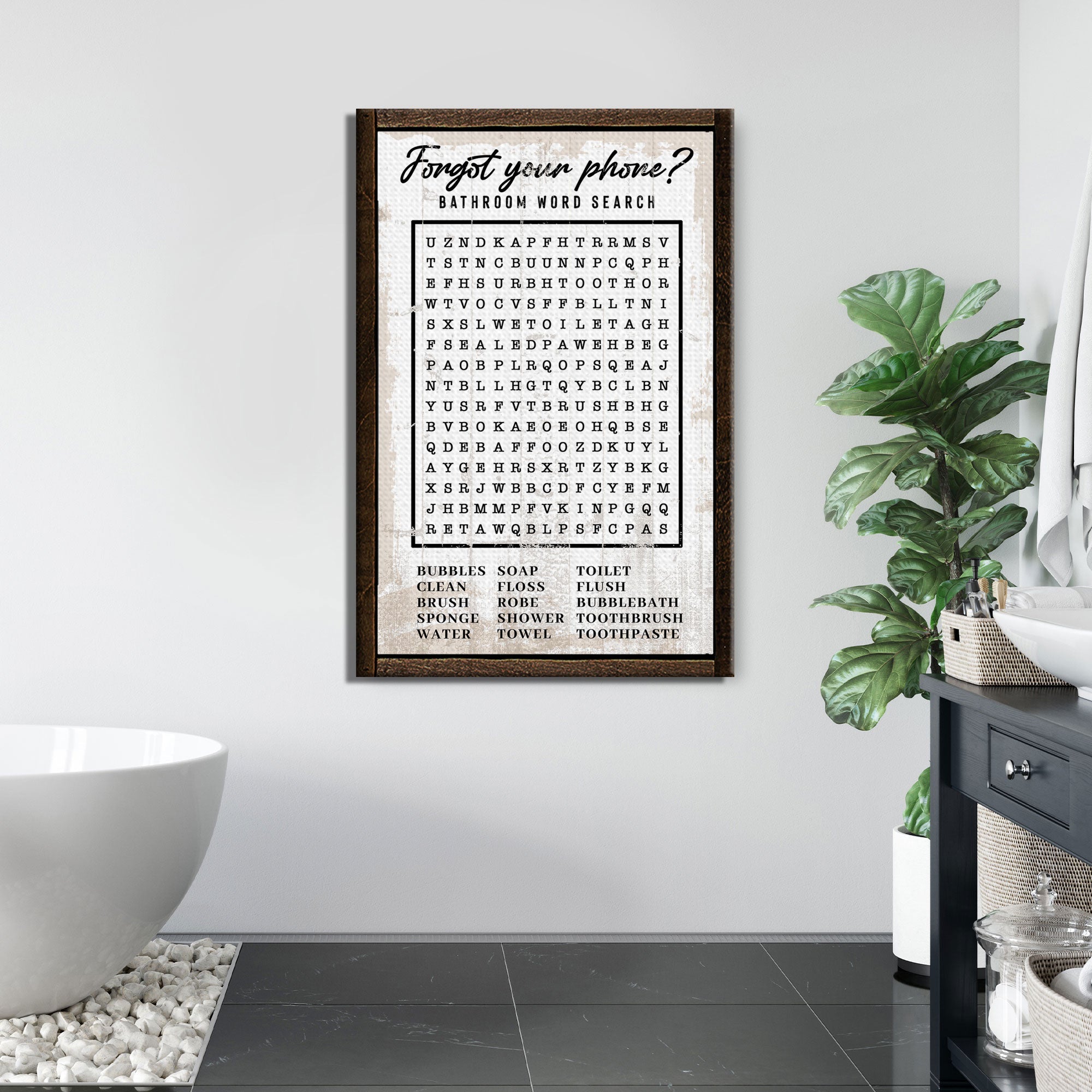 Bathroom Word Search Sign on sale at MyriadMart